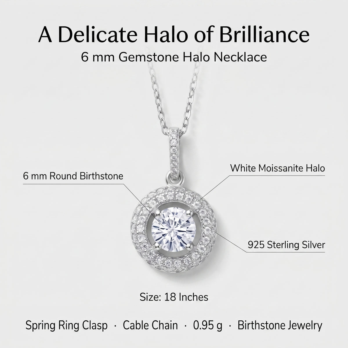 Double halo necklace details: 6mm round moissanite center, white moissanite halo, 925 sterling silver, 18 inch chain