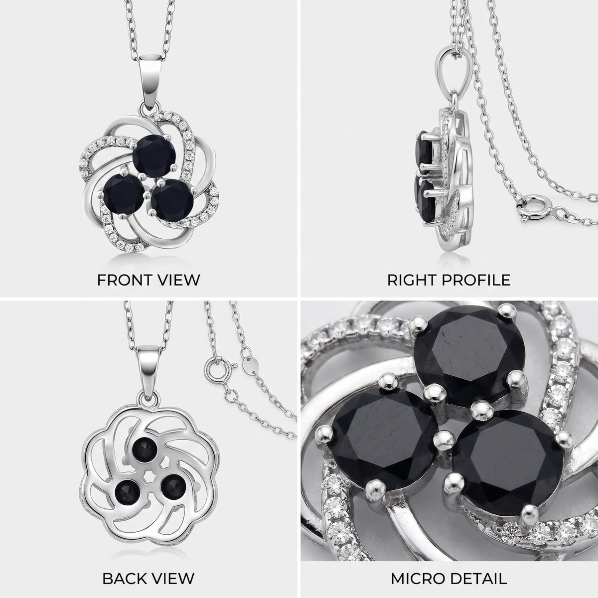 Front, side, back and close-up views of a black onyx three stone flower pendant