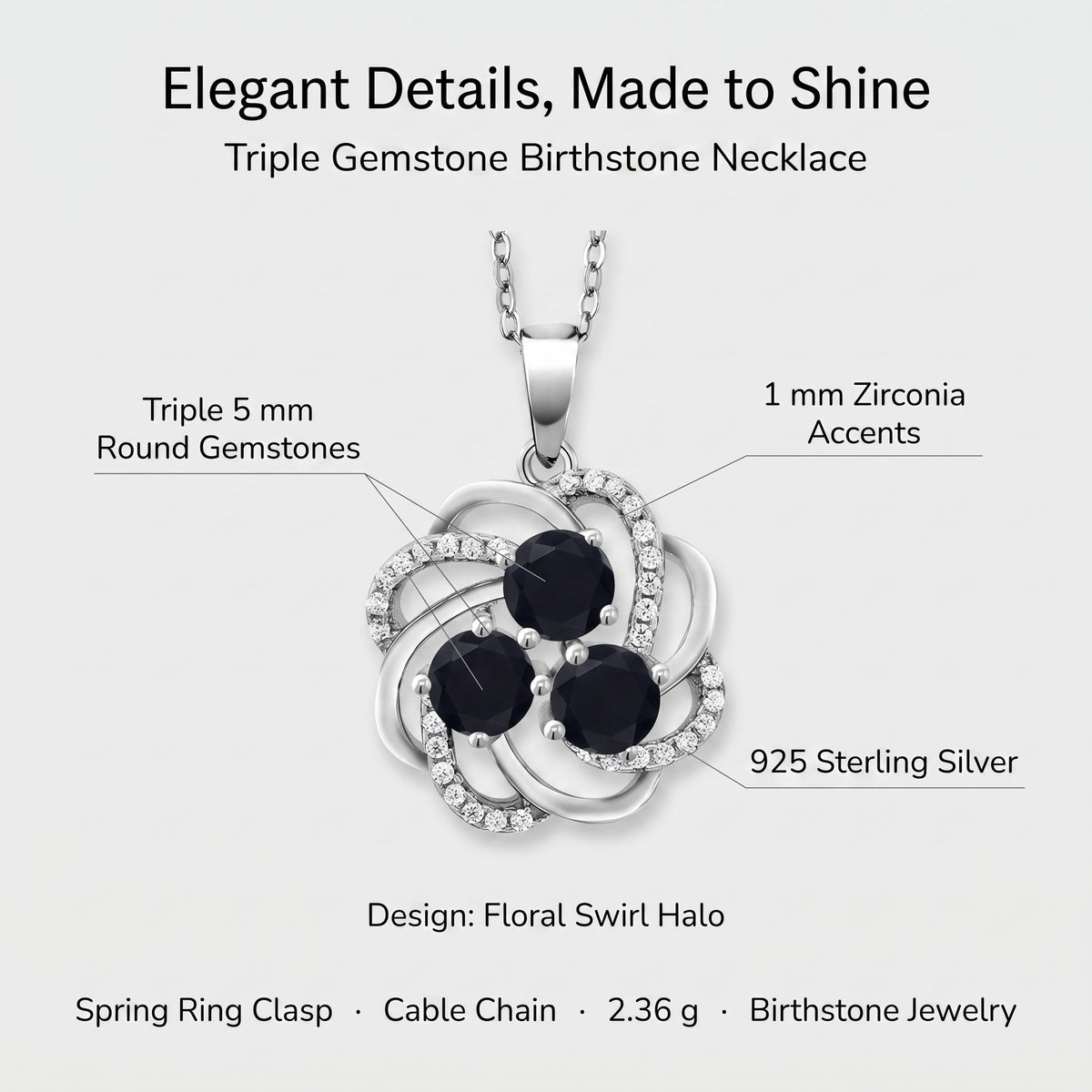 Black onyx necklace details: three 5mm onyx stones, 1mm cubic zirconia accents, 925 sterling silver, floral swirl halo