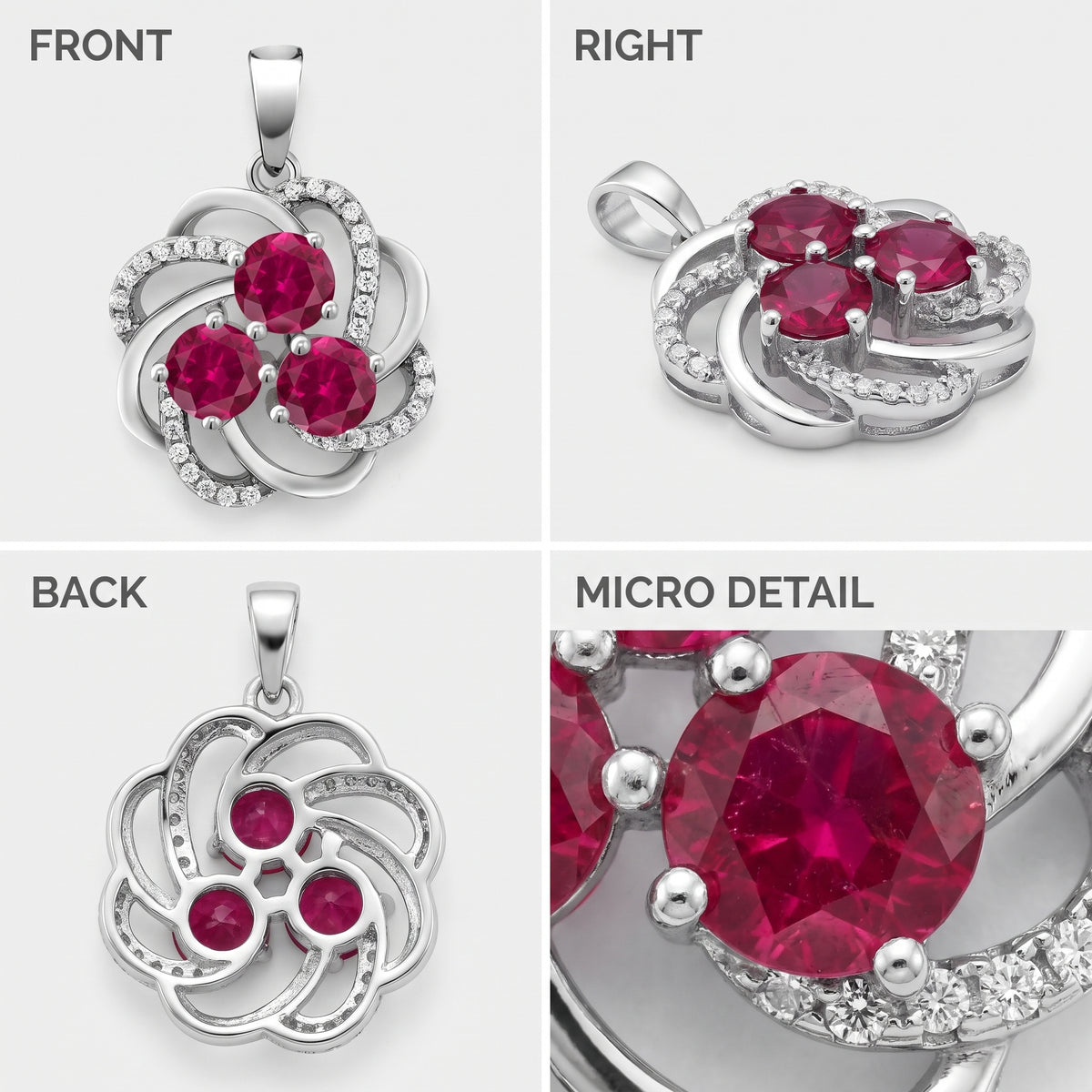 Front, side, back and close-up views of a three stone created ruby swirl pendant
