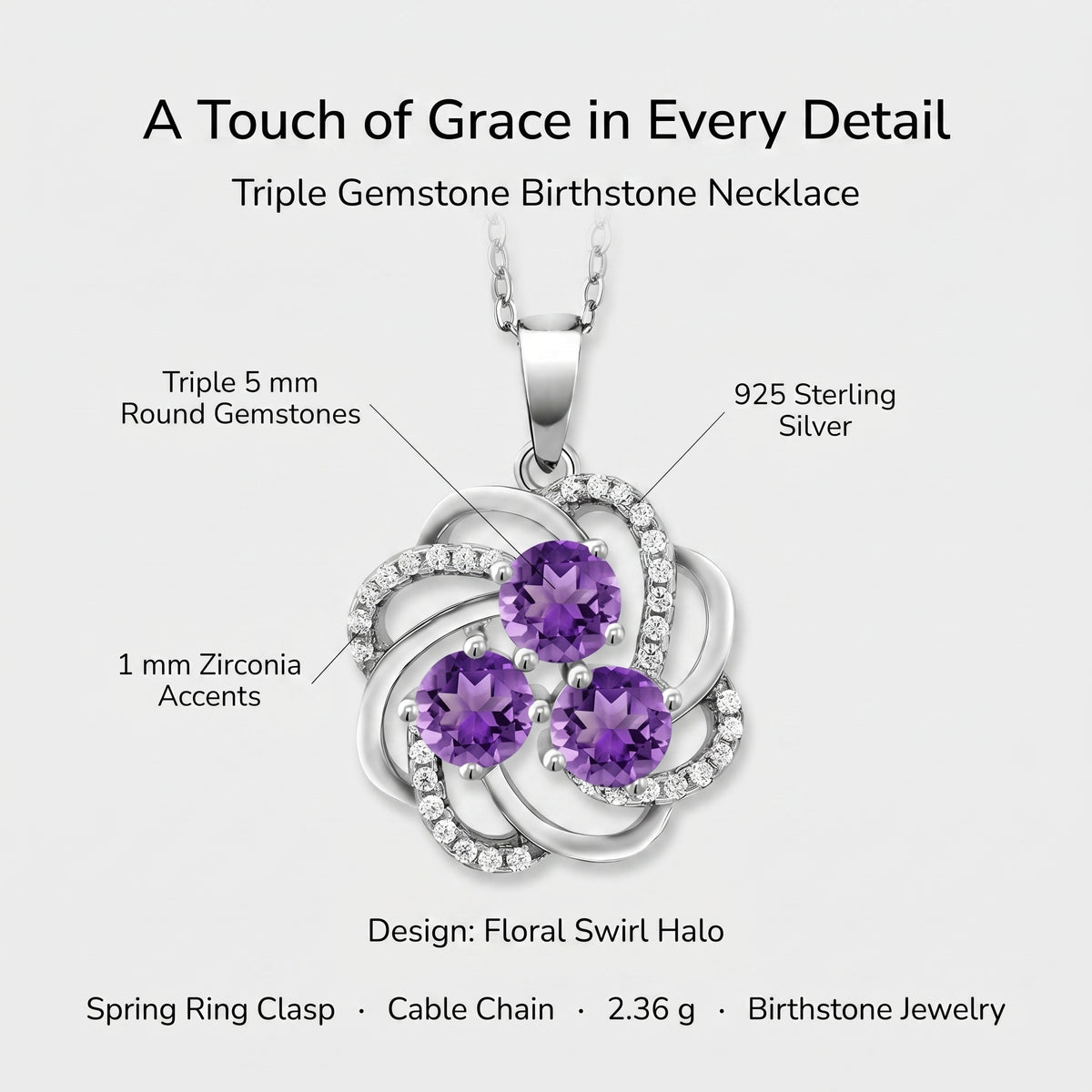 Amethyst necklace details: three 5mm round amethysts, 1mm cubic zirconia accents, 925 sterling silver, floral swirl halo