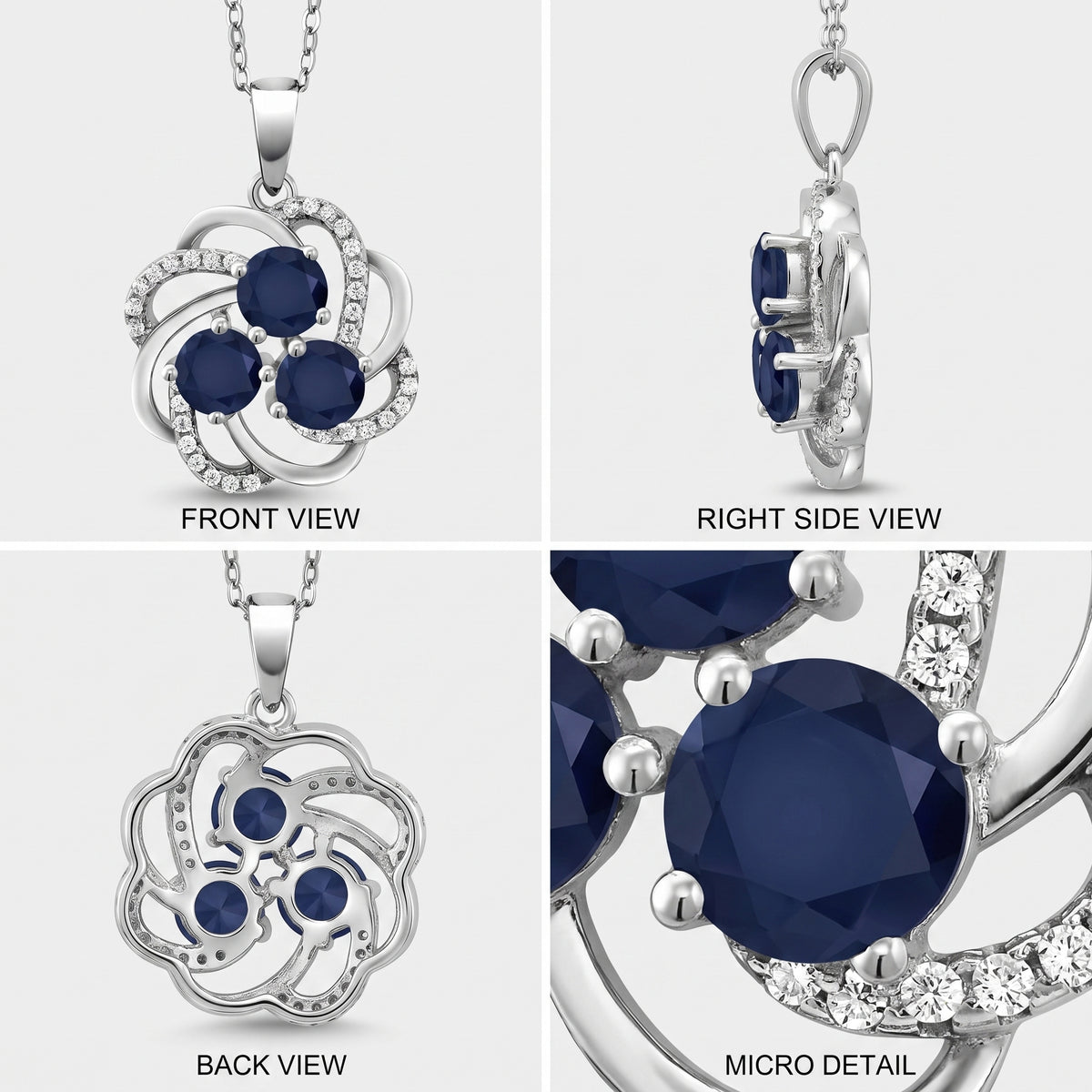 Front, side, back and close-up views of a three stone blue sapphire blossom pendant