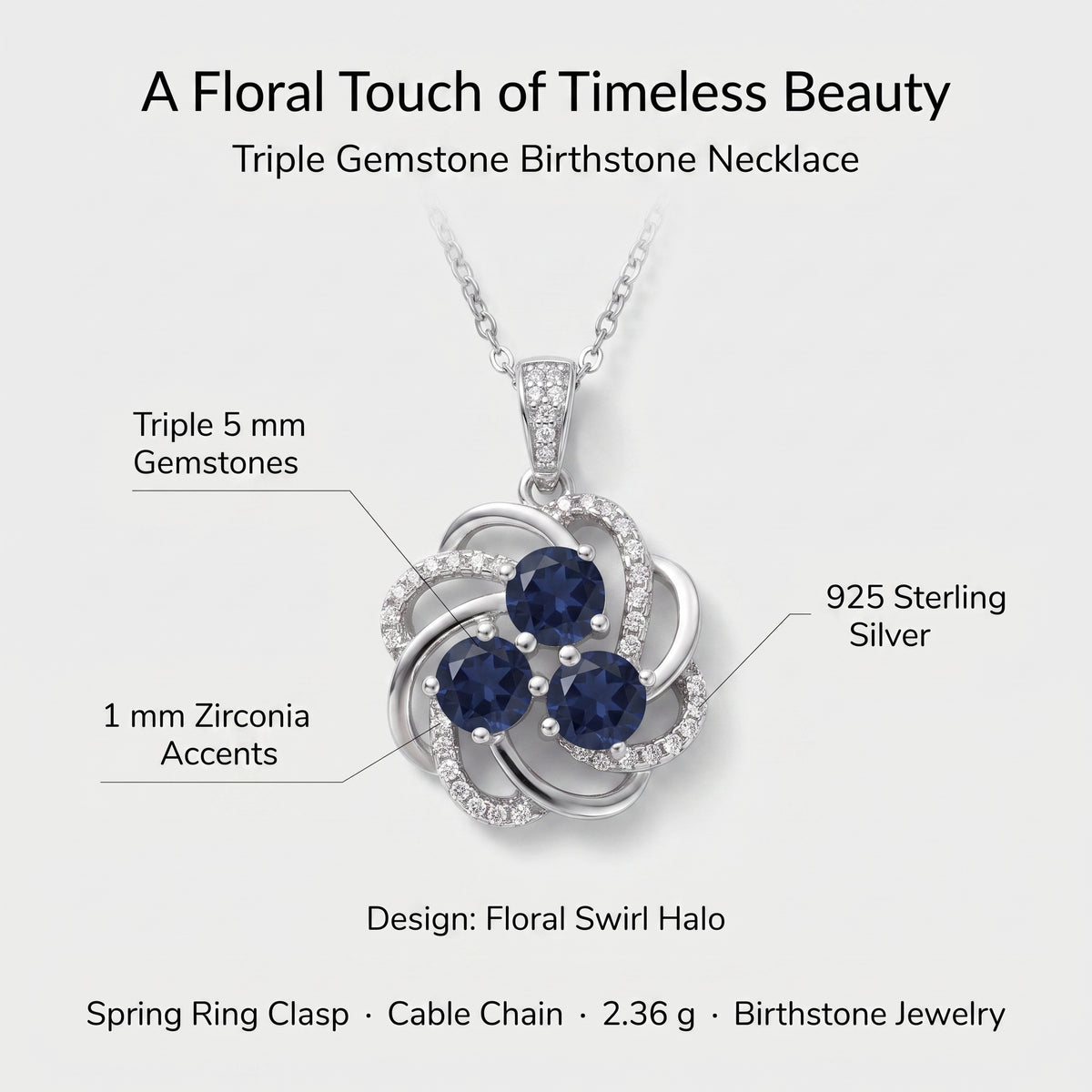 Sapphire necklace details: three 5mm round blue sapphires, 1mm cubic zirconia accents, 925 sterling silver, floral swirl halo