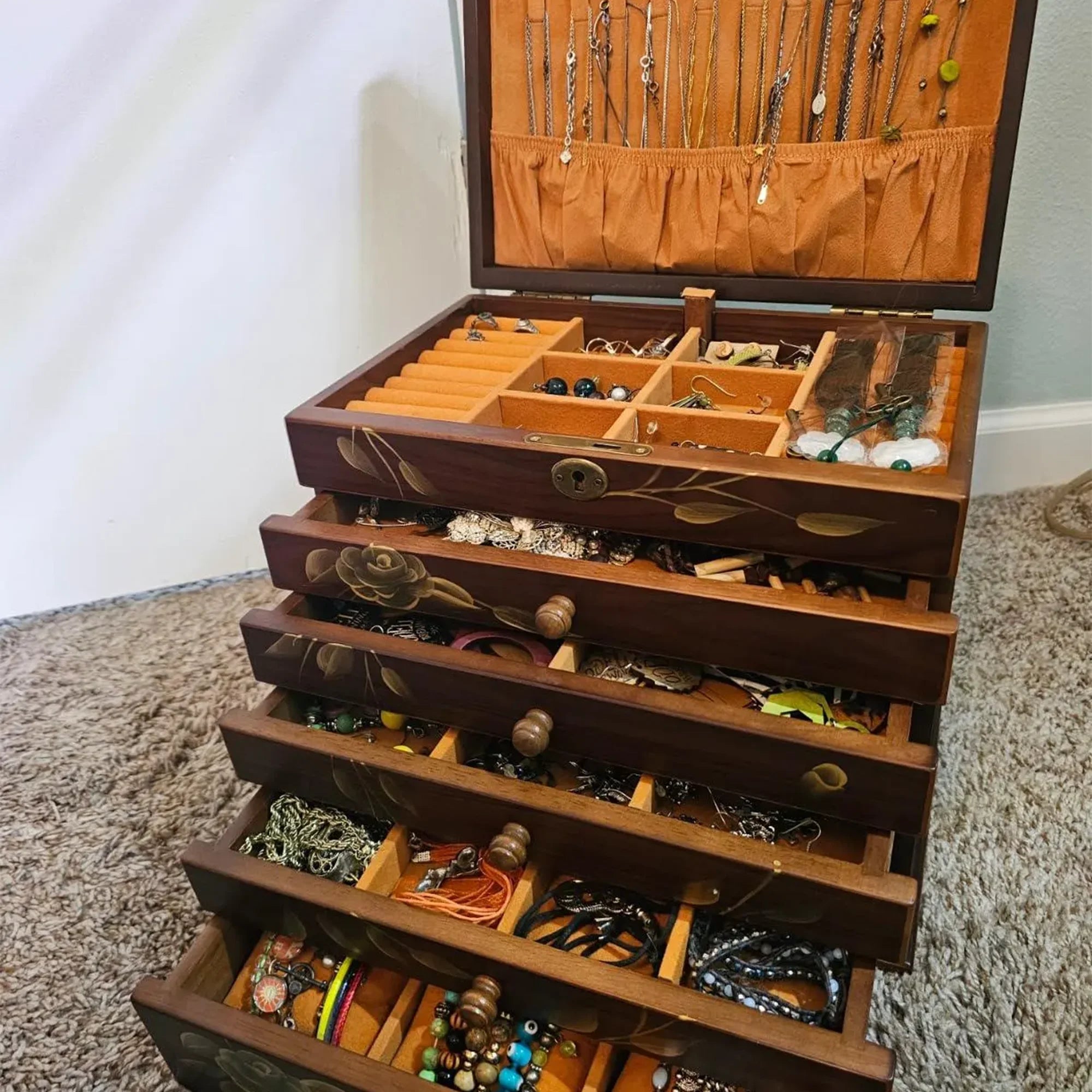 7 Layer Hand-Painted Rose Wooden Jewelry Box