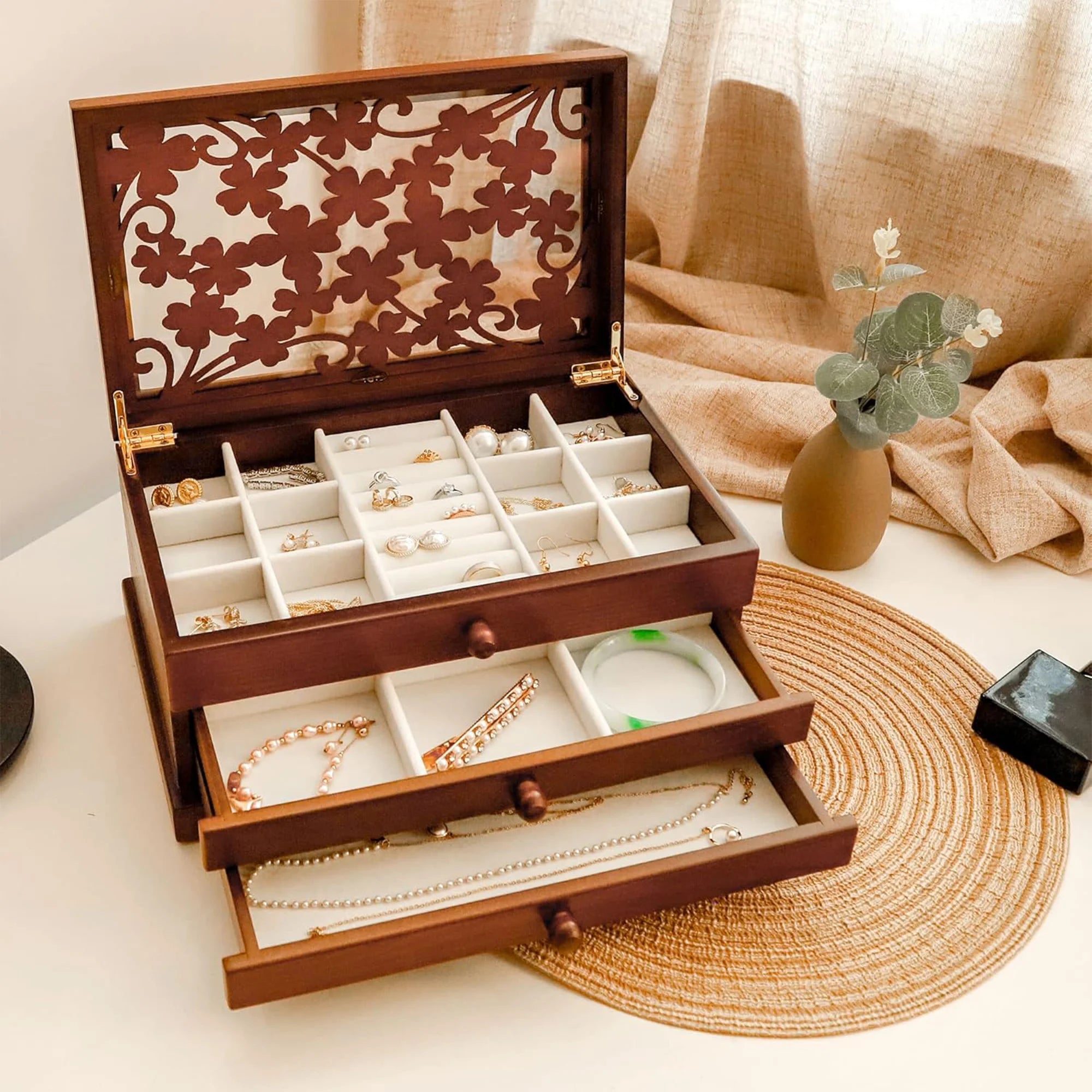 3 Layer Wooden Jewelry Box Organizer for Women