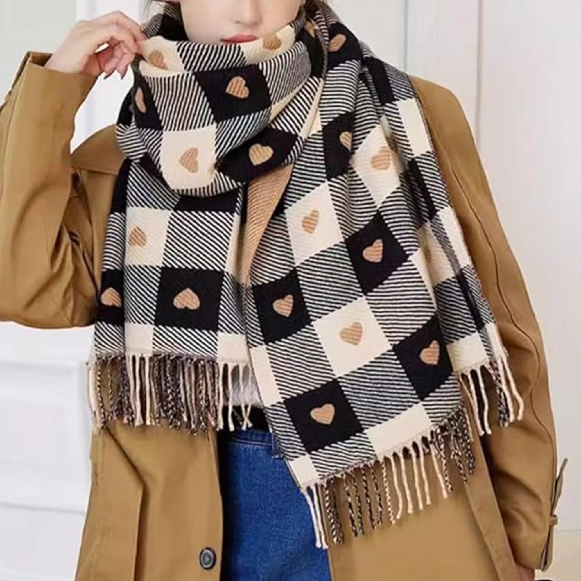 Cute Heart Graphic Plaid Scarf
