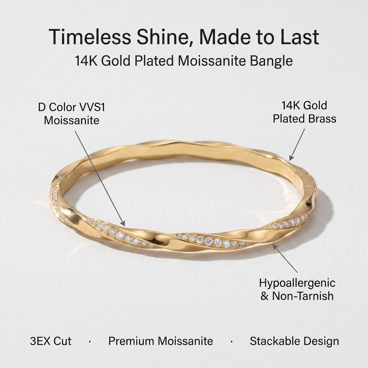A gold-plated twist Moissanite bangle ring with text callouts on a light gray background. The ring features a twisted band with a channel of sparkling Moissanite stones on one side and a 14K Gold Plated Brass side.