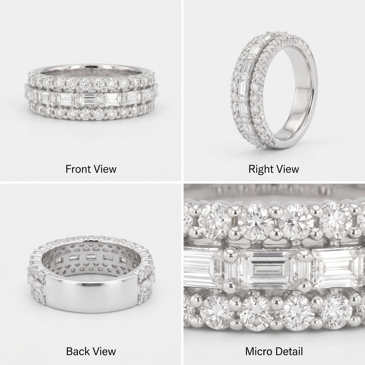 Front, right, back and close-up views of a three row round and baguette band with a plain back