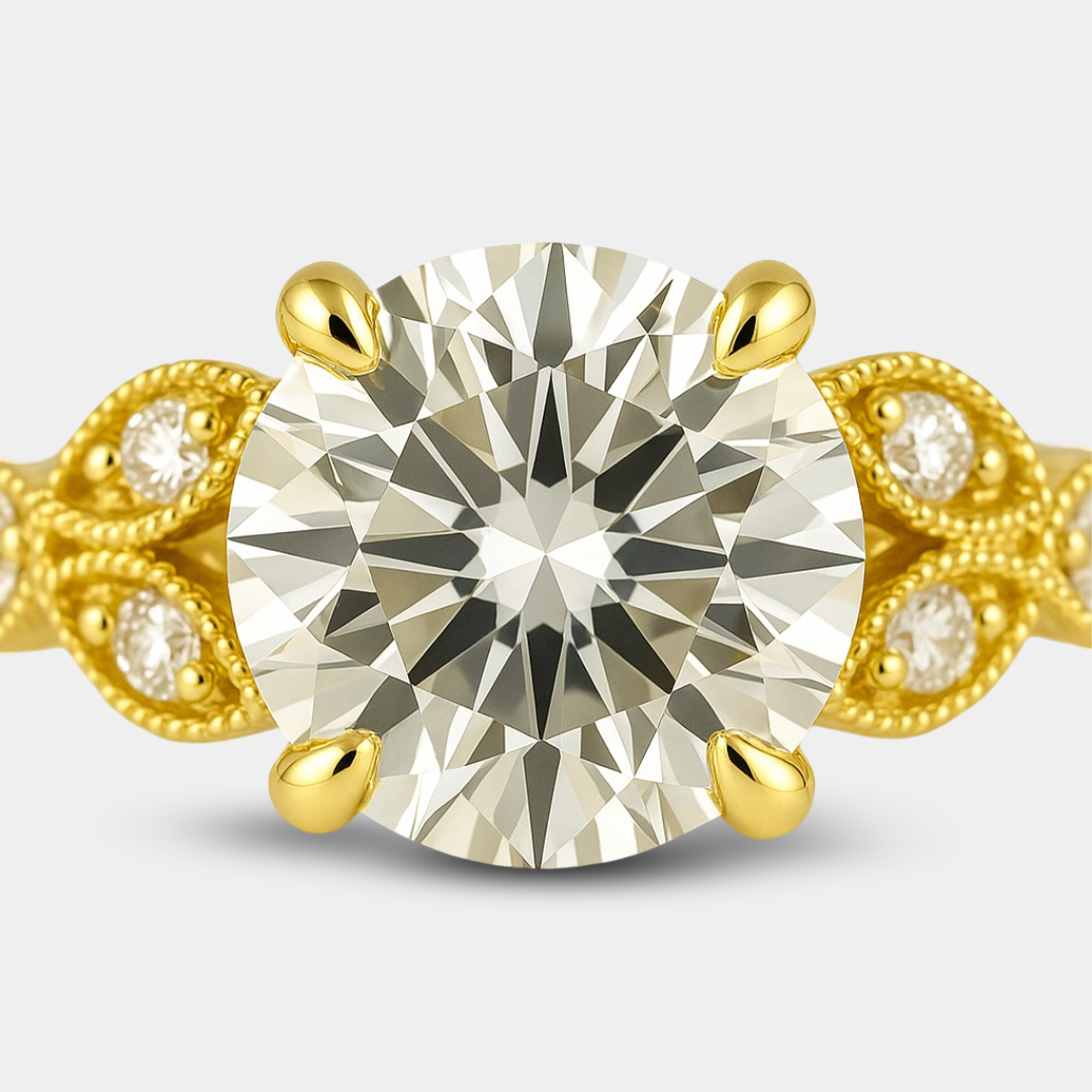 antique style round-cut moissanite ring angle view 2 from MH Elegance luxury wedding rings collection