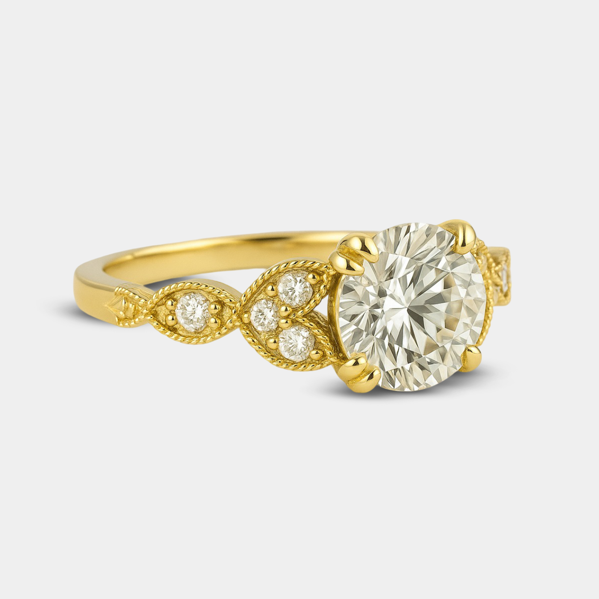 antique style round-cut moissanite ring lifestyle wearing from MH Elegance luxury wedding rings collection