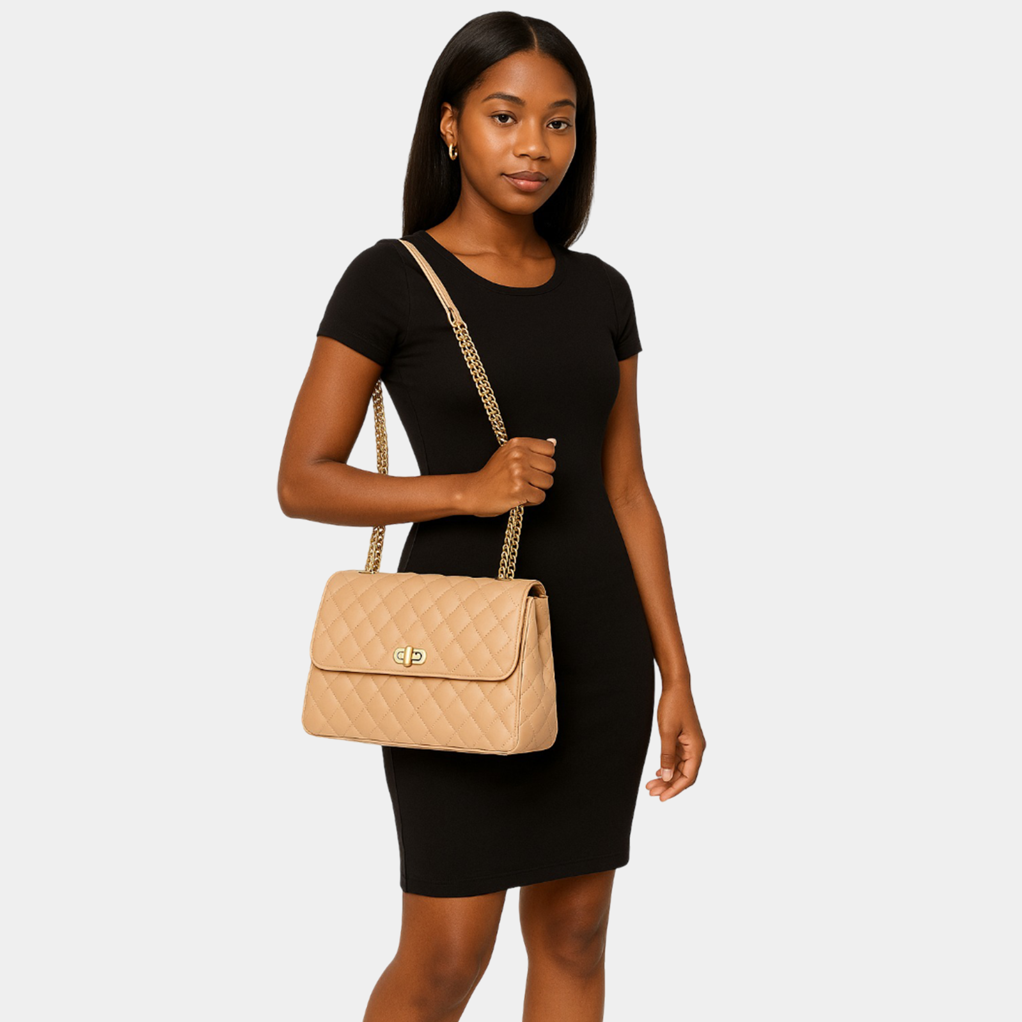 Almond Quilted Crossbody Bag