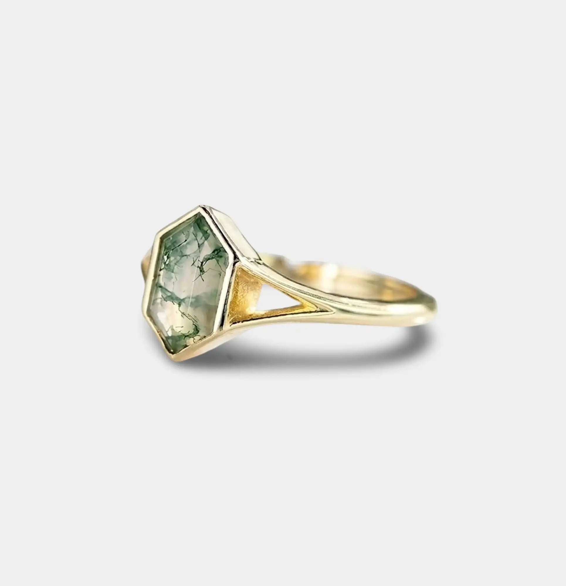 Bague en argent sterling hexagonale en mousse plaquée or 14 carats
