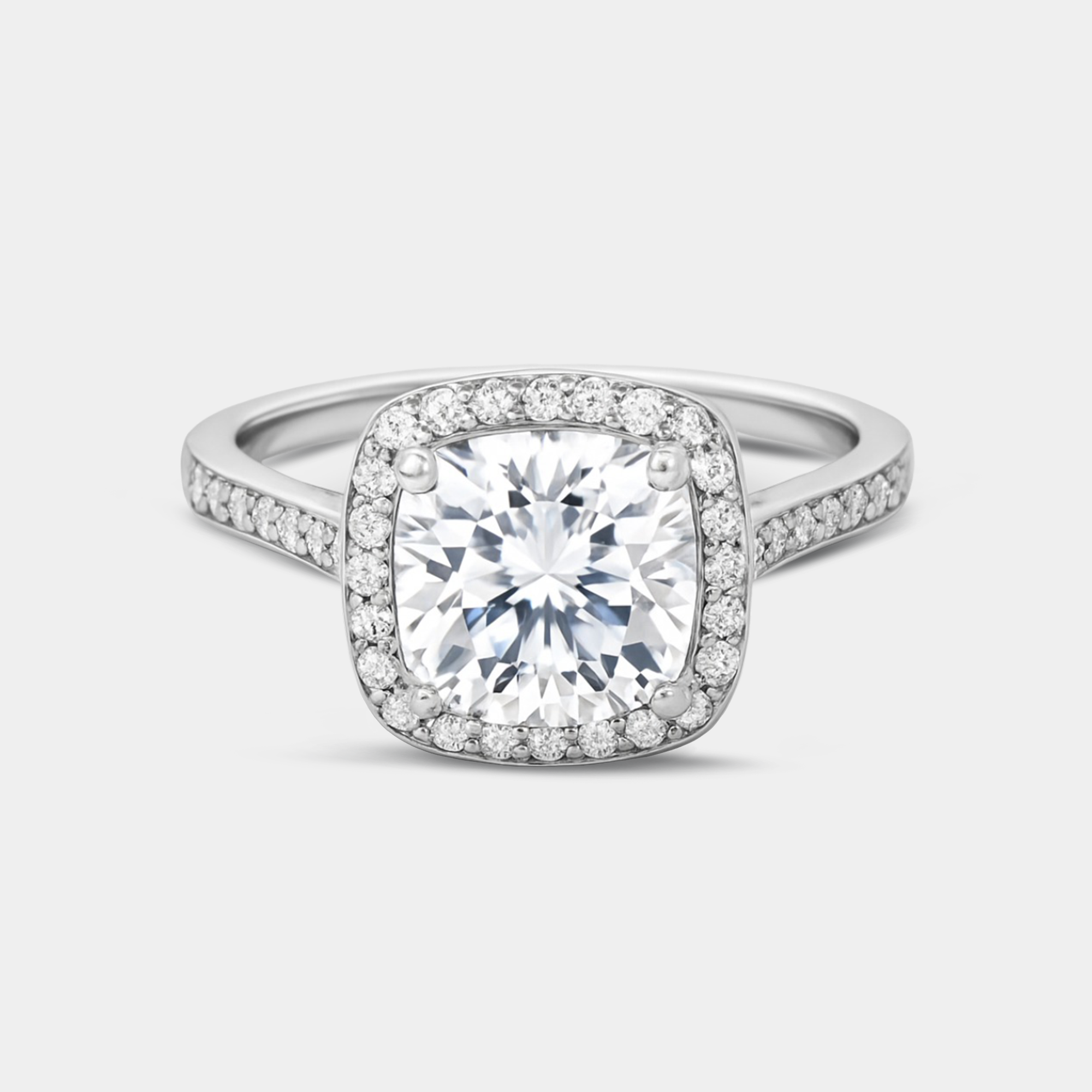 cushion-cut moissanite halo ring detail close-up from MH Elegance luxury wedding rings collection