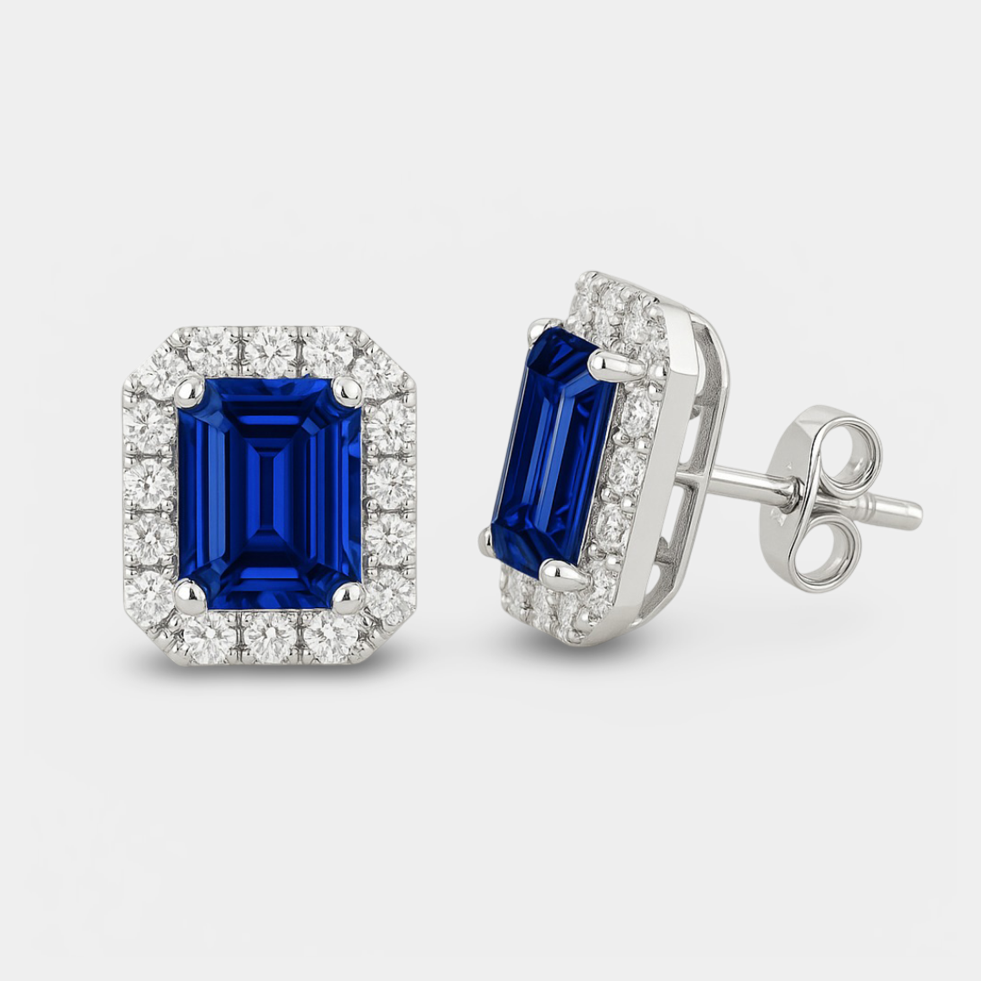 Emerald Cut Sapphire & Diamond Stud Earrings