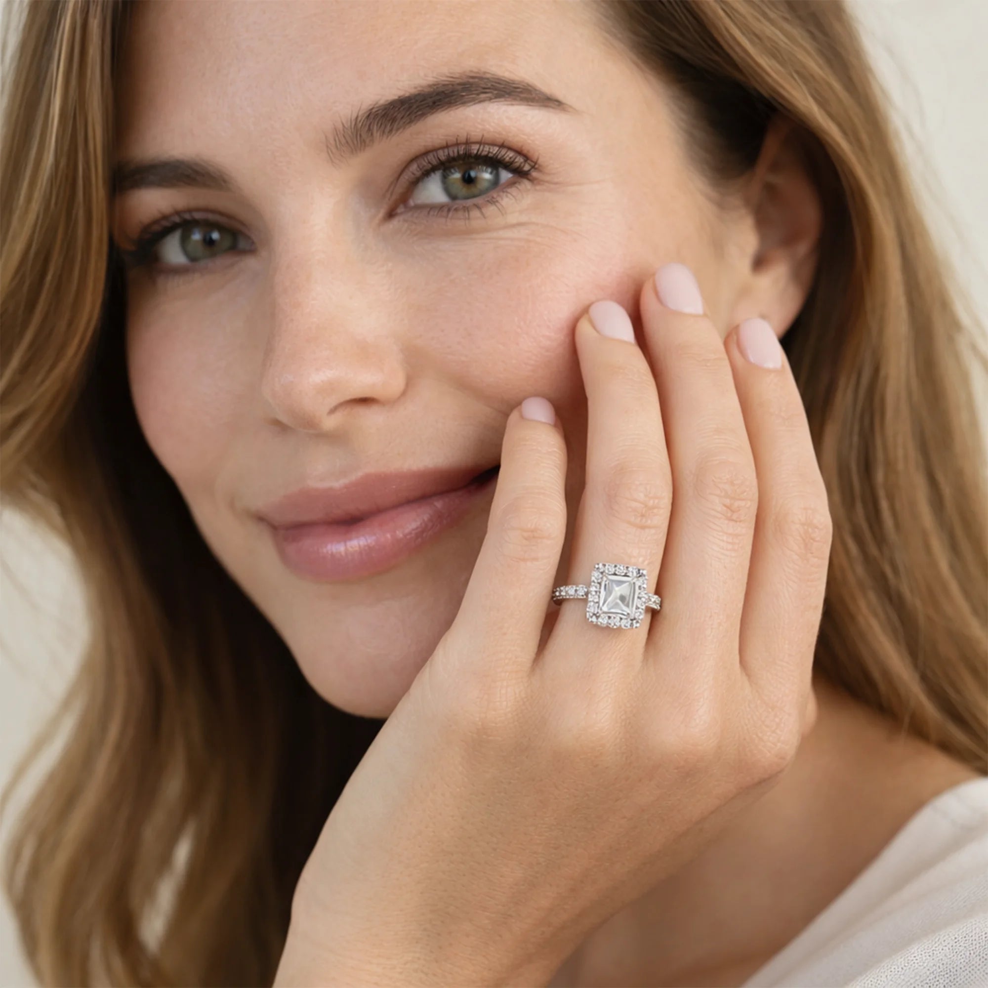 emerald cut moissanite halo engagement ring lifestyle wearing from MH Elegance luxury wedding rings collection