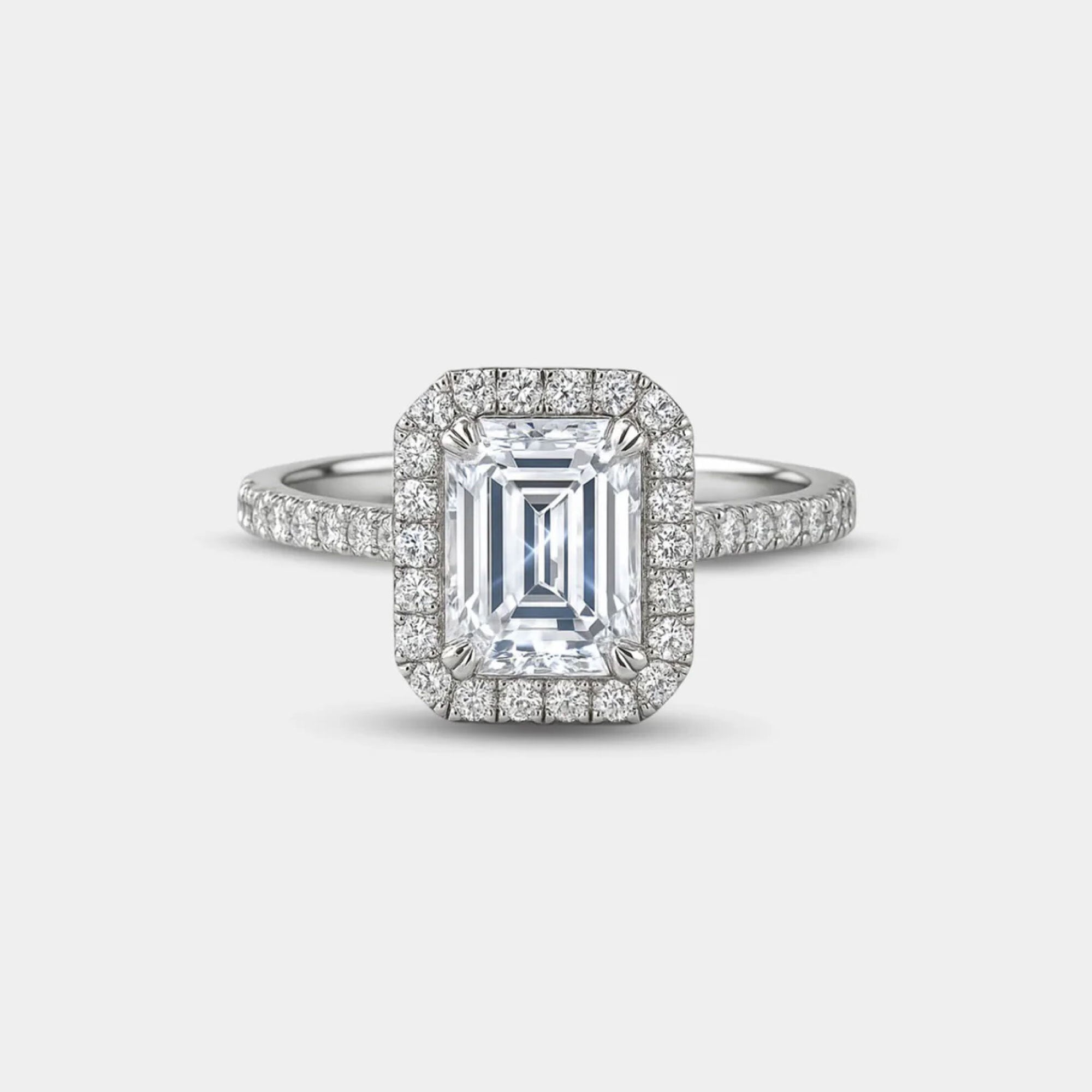 emerald cut moissanite halo engagement ring main display from MH Elegance luxury wedding rings collection