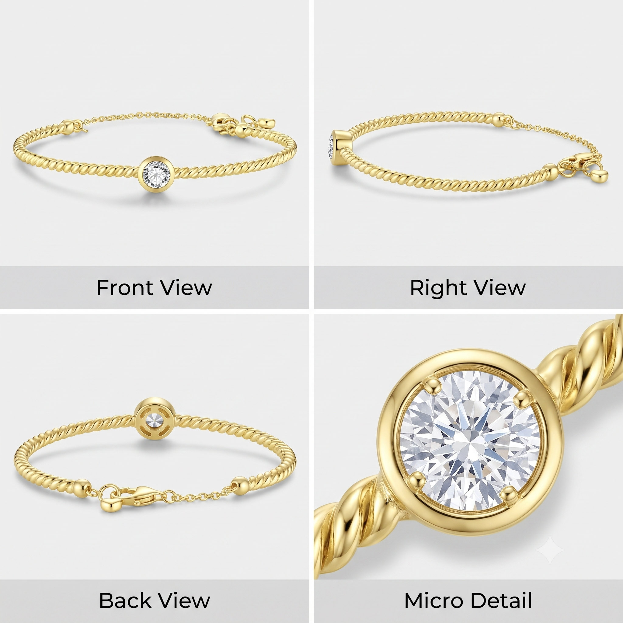 Front, side and back views of the MH Elegance gold plated twisted rope bracelet with a close up of the cubic zirconia setting