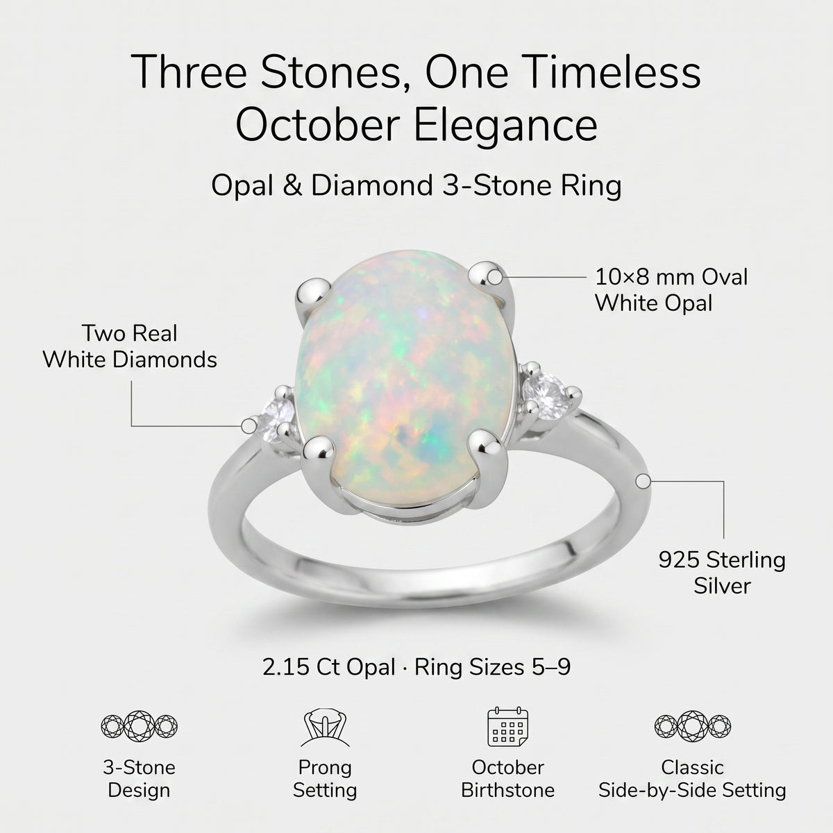 Bague 3 pierres en opale et diamants