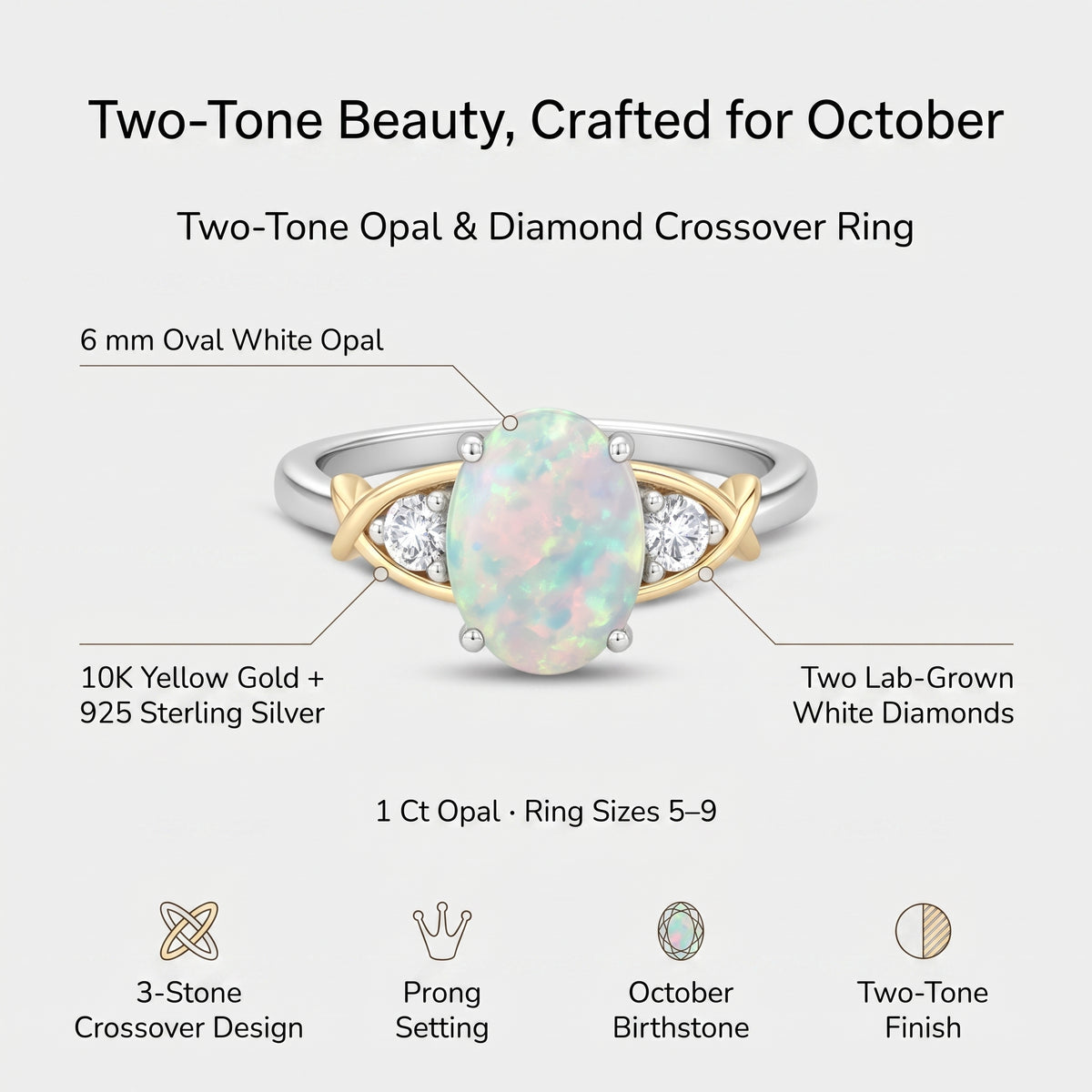 Bague croisée opale et diamants bicolore