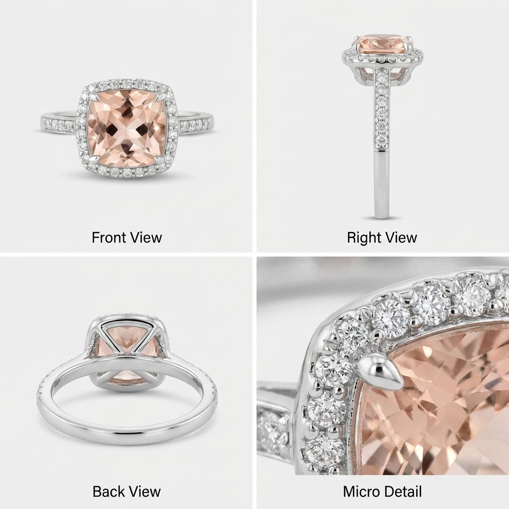 Bague coussin en morganite et diamants