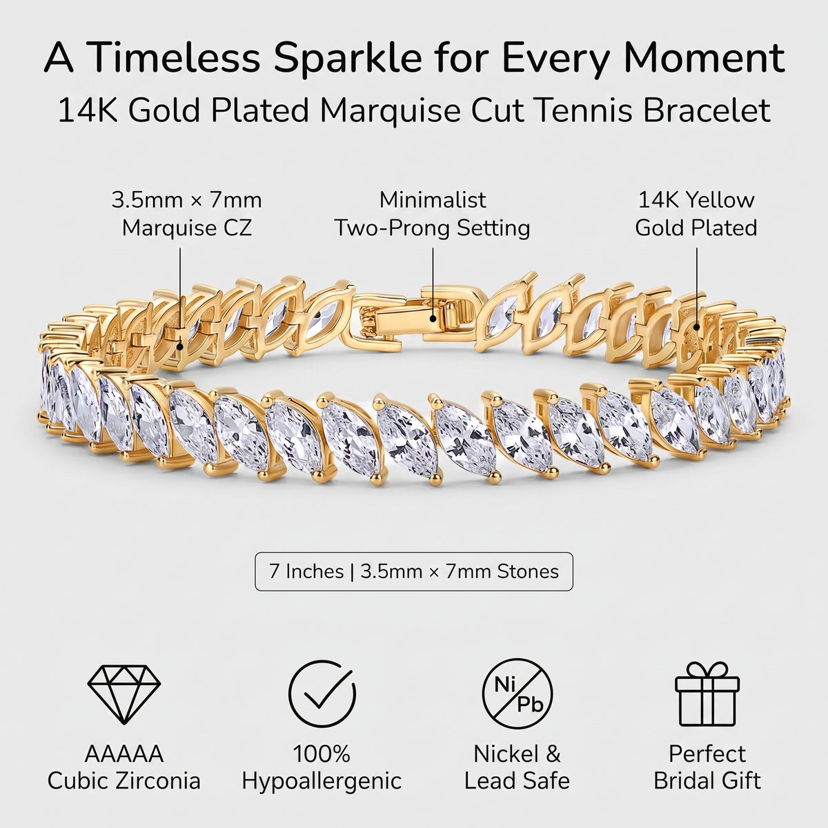 A 14K gold tennis bracelet with marquise-cut cubic zirconia stones, shown on a light gray background with text callouts and feature icons. The text highlights the 14K yellow gold plating, marquise CZ stones, two-prong setting, and bracelet dimensions.
