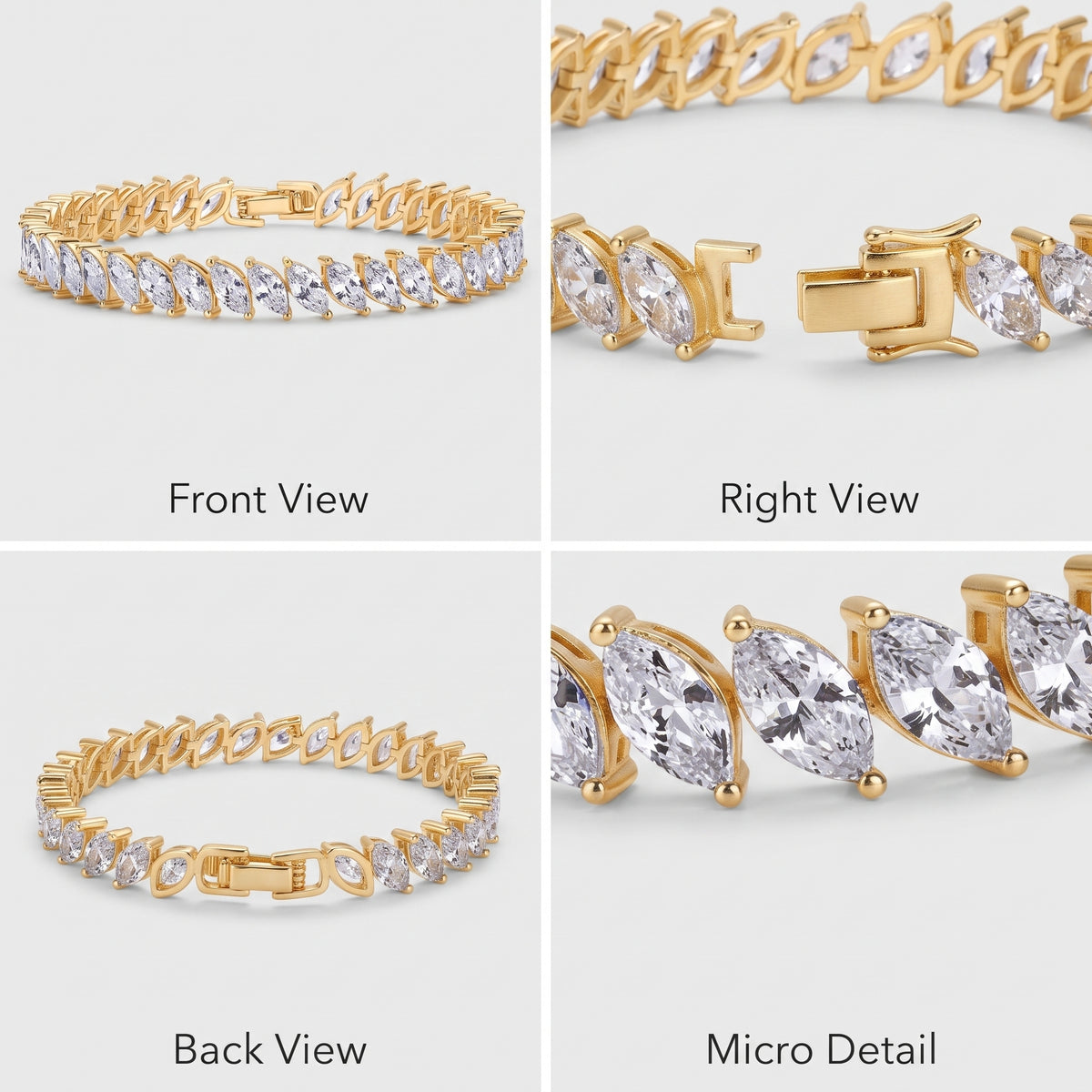 A four-panel product collage showing a gold tennis bracelet from multiple angles: Front View, Right View, Back View, and Micro Detail. The bracelet features clear marquise and oval stones set in yellow gold on a light gray background.