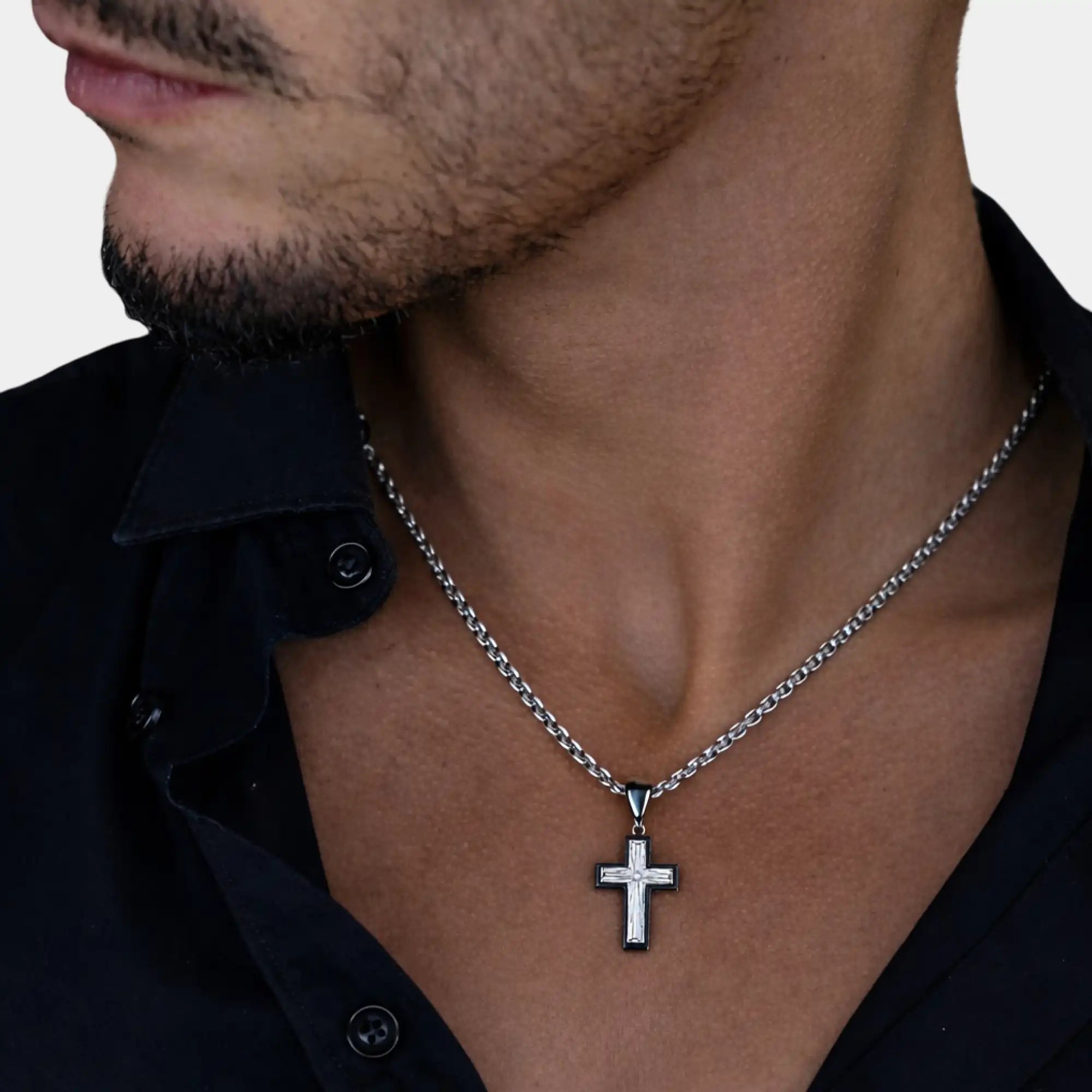 His and hers matching sterling silver faith cross necklace set from MH Elegance.