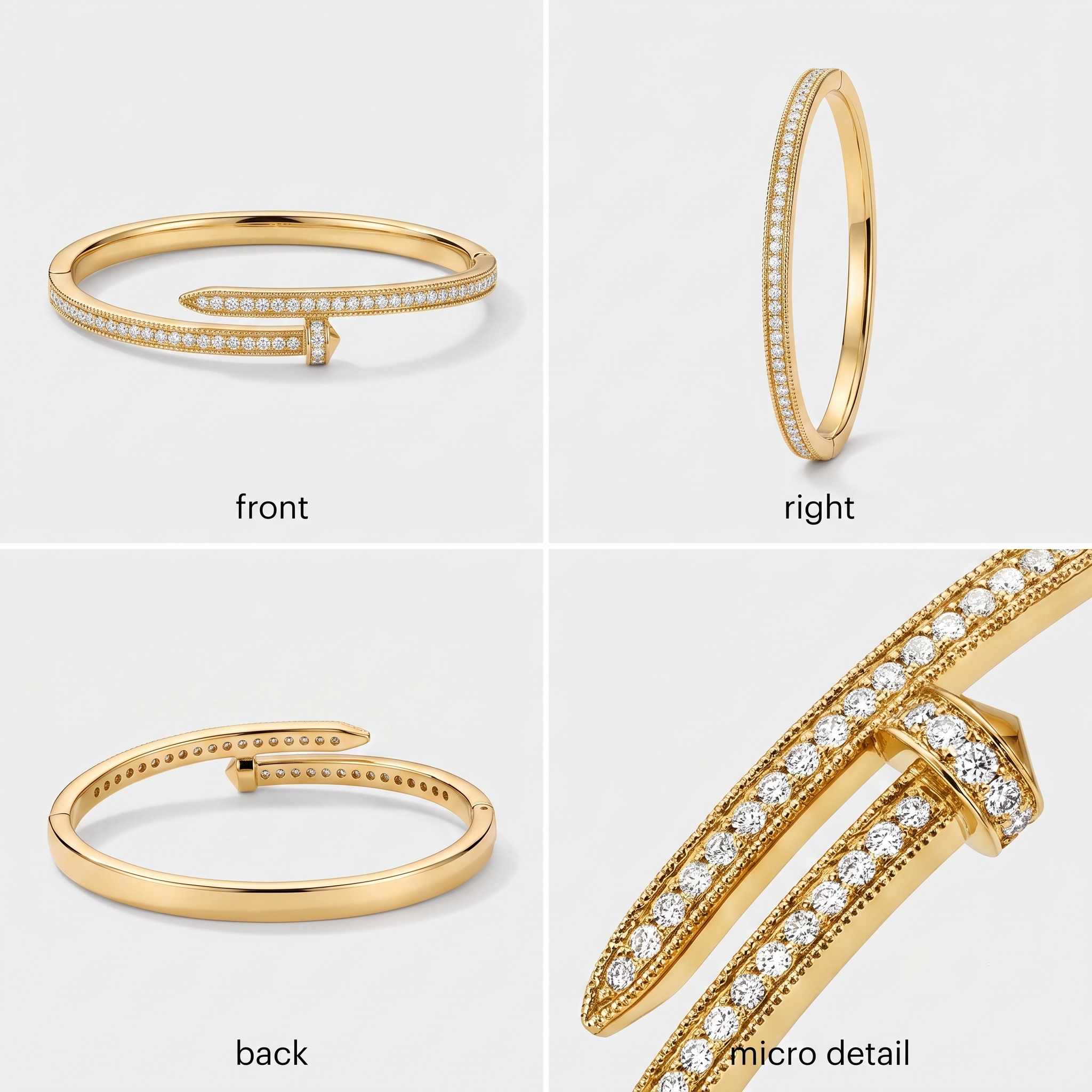 Front, right and back views of the MH Elegance gold plated nail bracelet with a close up of the pave setting