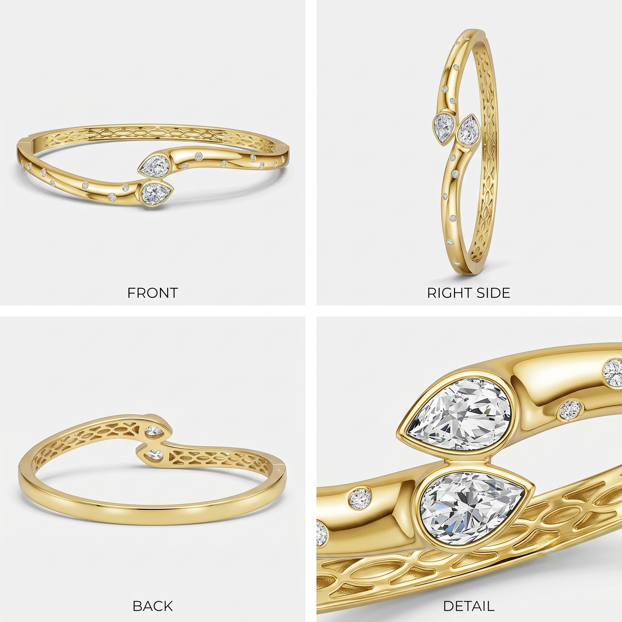 Front, side, back, and detail views of the 14K gold plated double pear CZ bangle bracelet with bezel-set accents