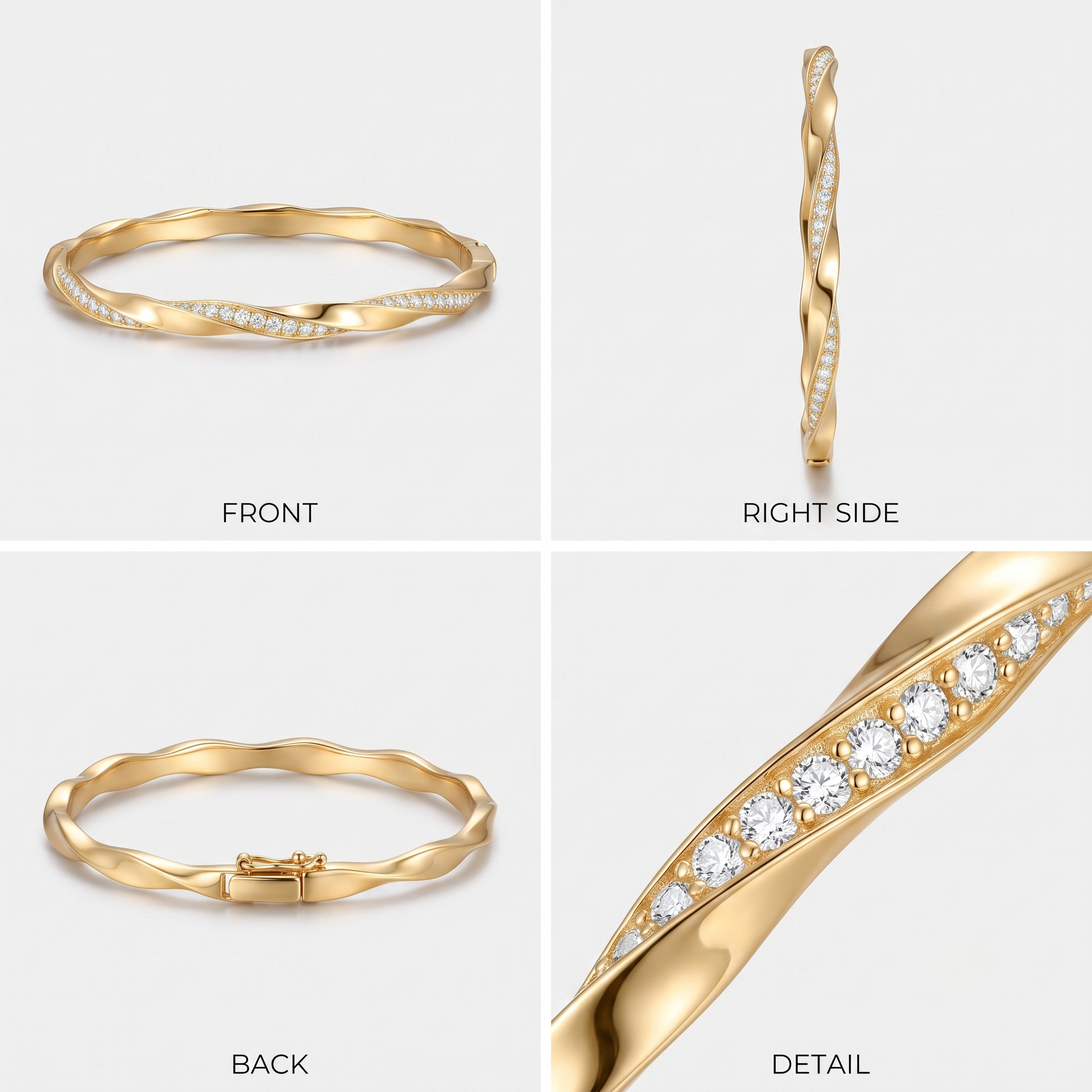 Front, side, back, and detail views of the 14K gold plated twisted moissanite bangle bracelet