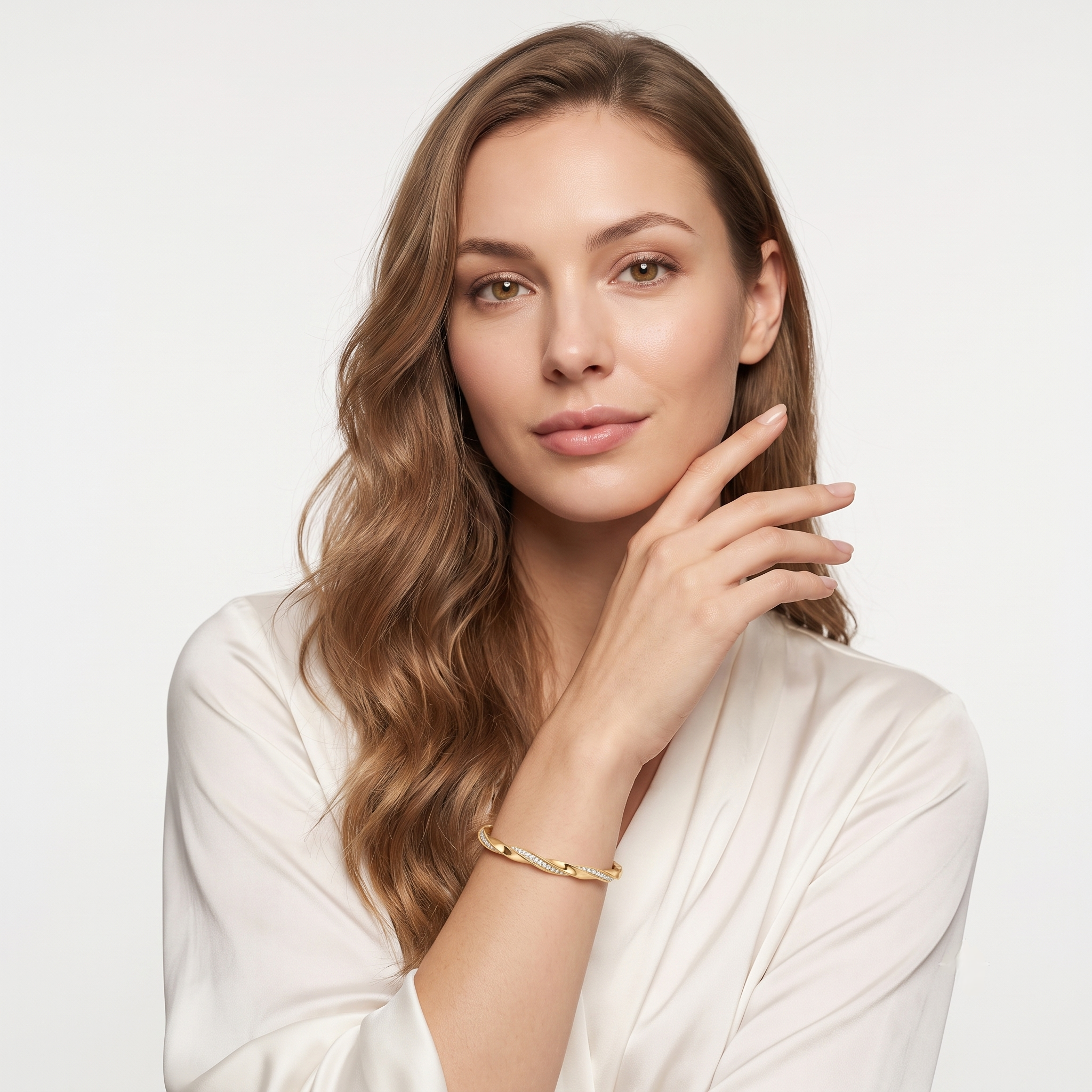 Woman wearing the luxury moissanite twisted gold bangle bracelet for women