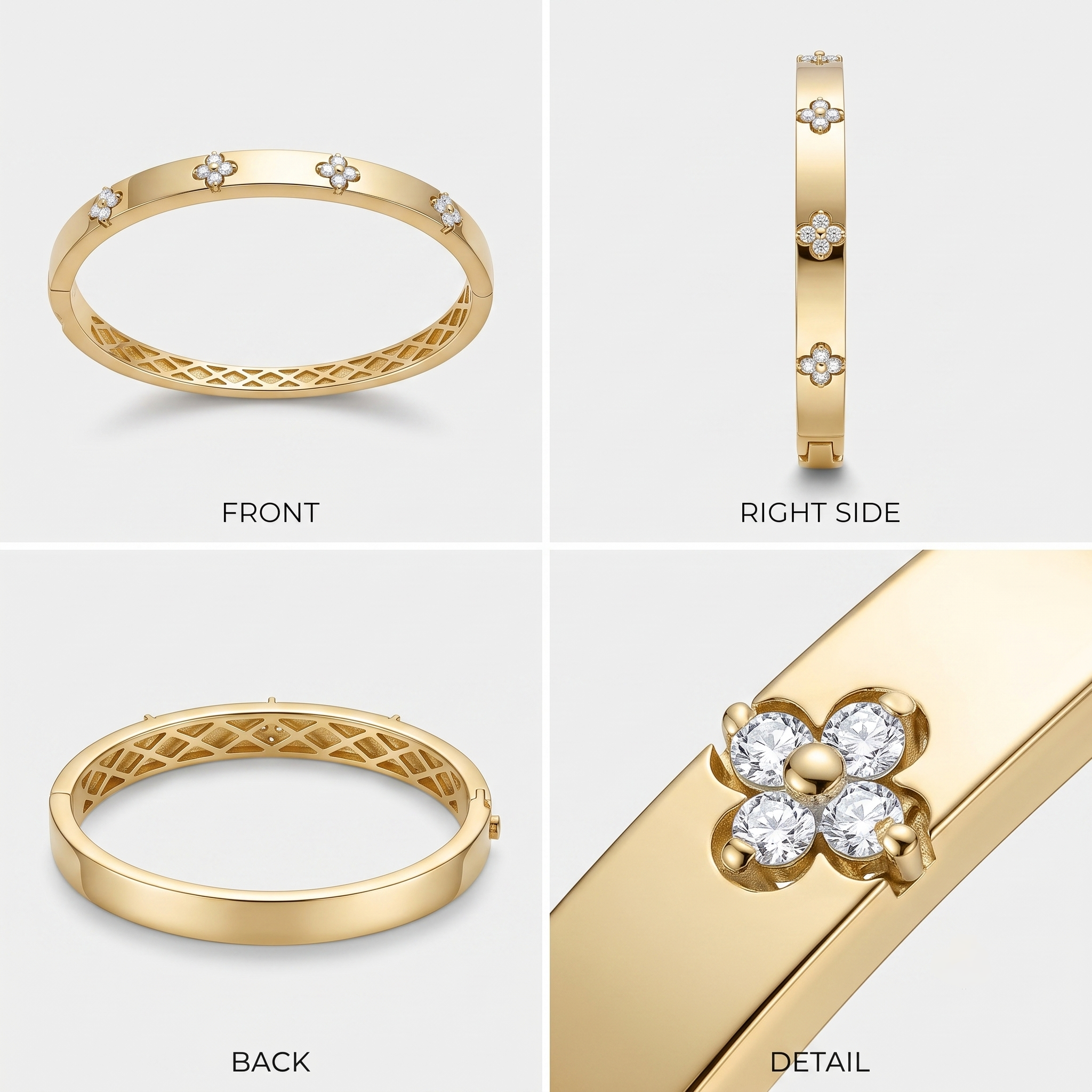 Front, side and back views of the gold plated four leaf clover bangle showing the openwork band and a close up of the moissanite clover