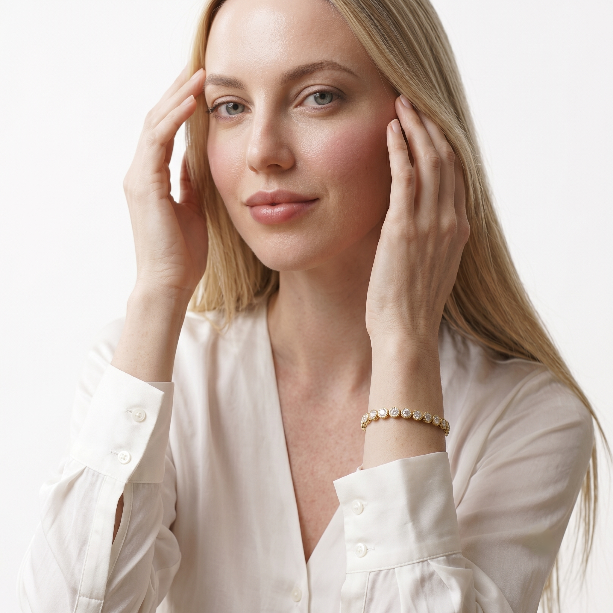 Woman touching her hair while wearing the gold filled bangle bracelet with pave cubic zirconia stones