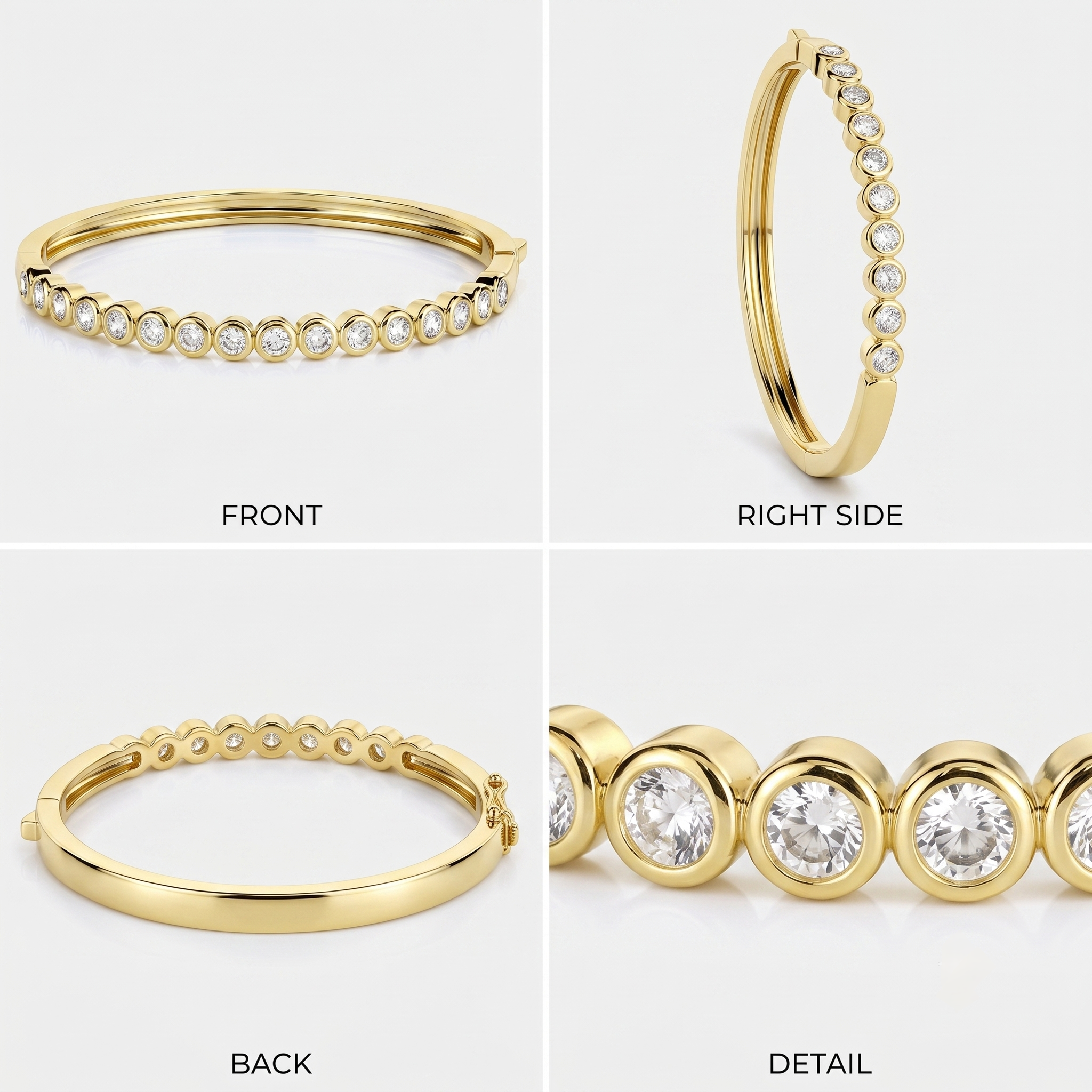 Front, side, back, and detail view of the 14K gold filled bangle bracelet showing the bezel-set cubic zirconia half and the plain polished gold band half