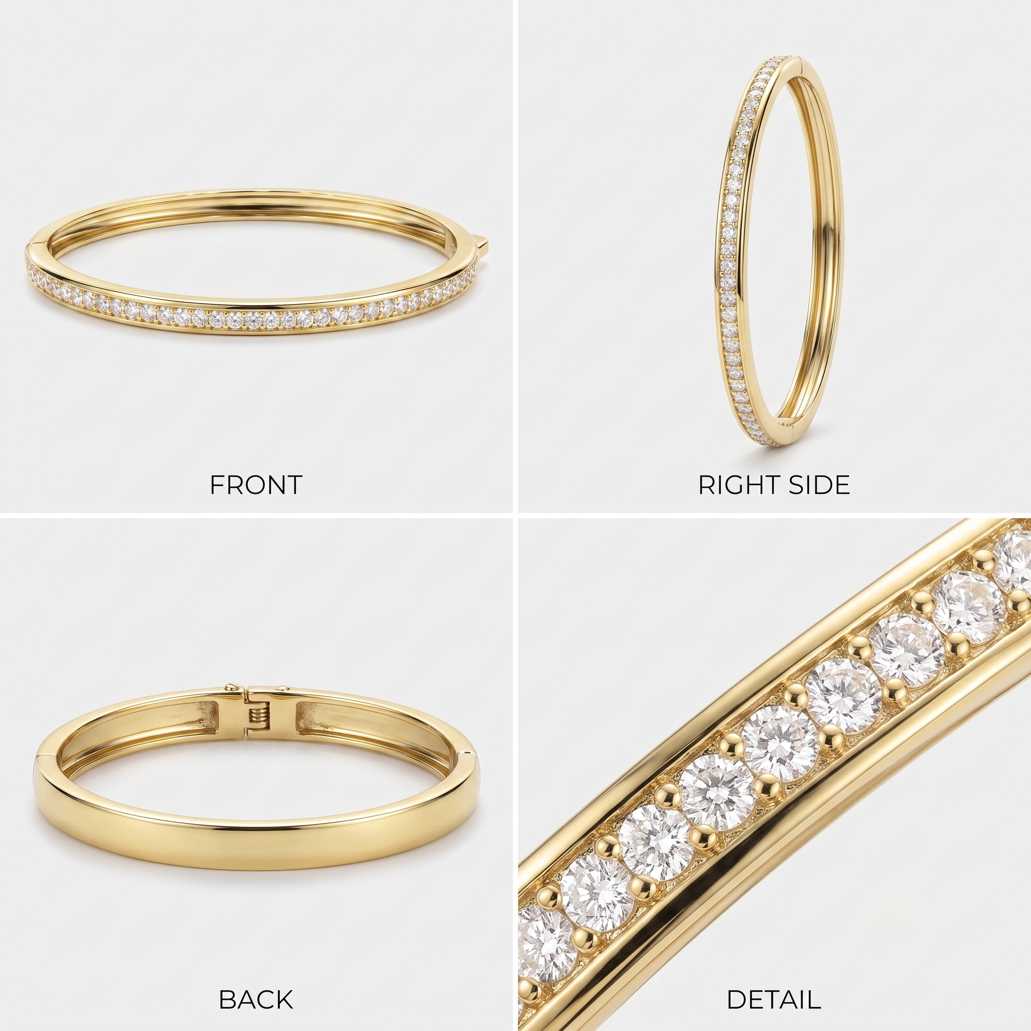Front, side, back, and detail view of the 14K gold filled eternity bangle bracelet showing the channel-set cubic zirconia stones circling the full band