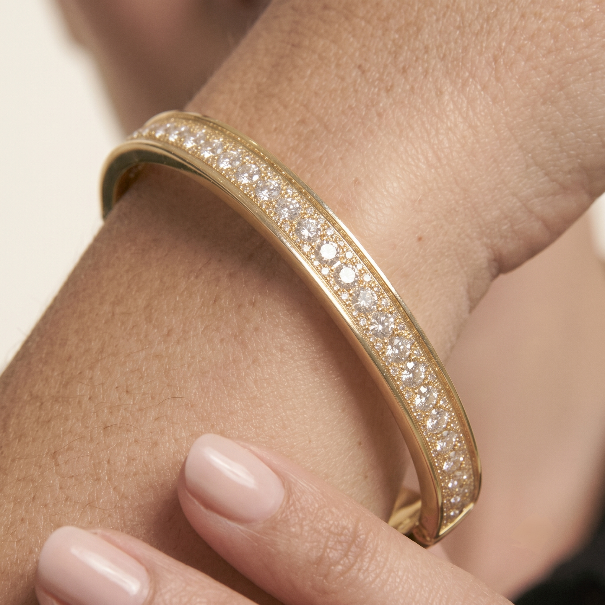 Extreme close-up of the 14K gold filled eternity bangle bracelet with channel-set cubic zirconia stones on the wrist