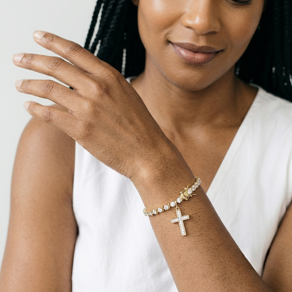 18K gold plated cross charm tennis bracelet for women with simulated diamond stones