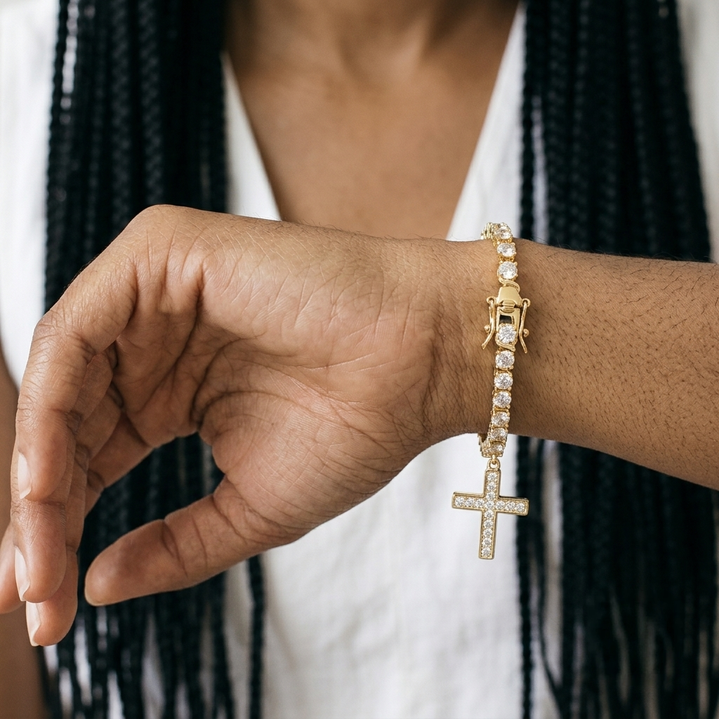 Womens gold tennis bracelet with a hanging pave cross charm and safety clasp