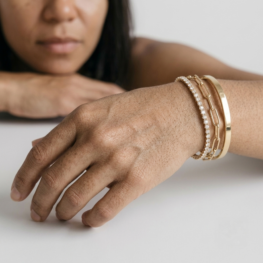 14K gold plated tennis bracelet set for women with cubic zirconia, paperclip chain and bangle
