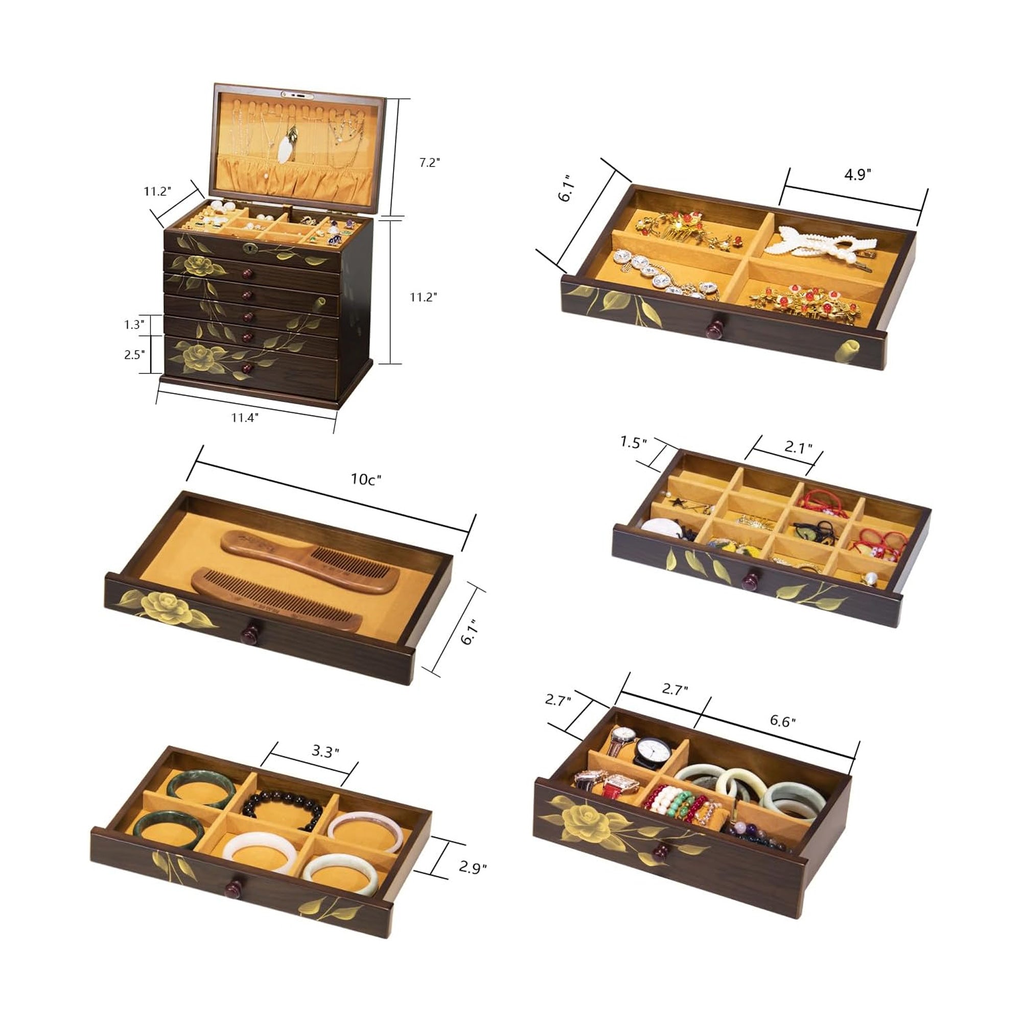 7 Layer Hand-Painted Rose Wooden Jewelry Box