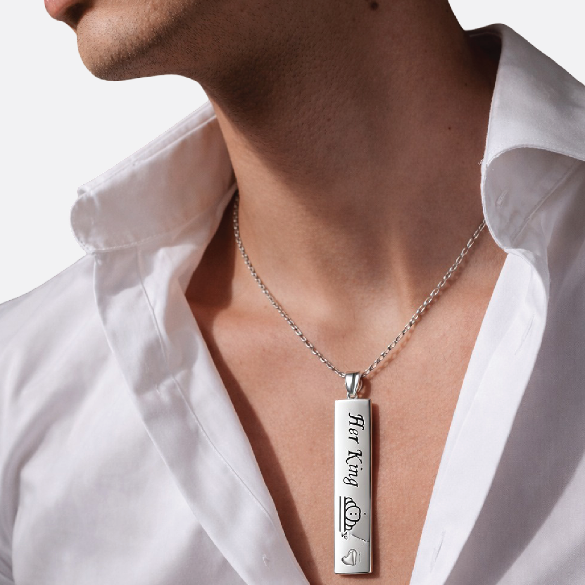 Couple wearing matching Her King His Queen sterling silver bar necklace set