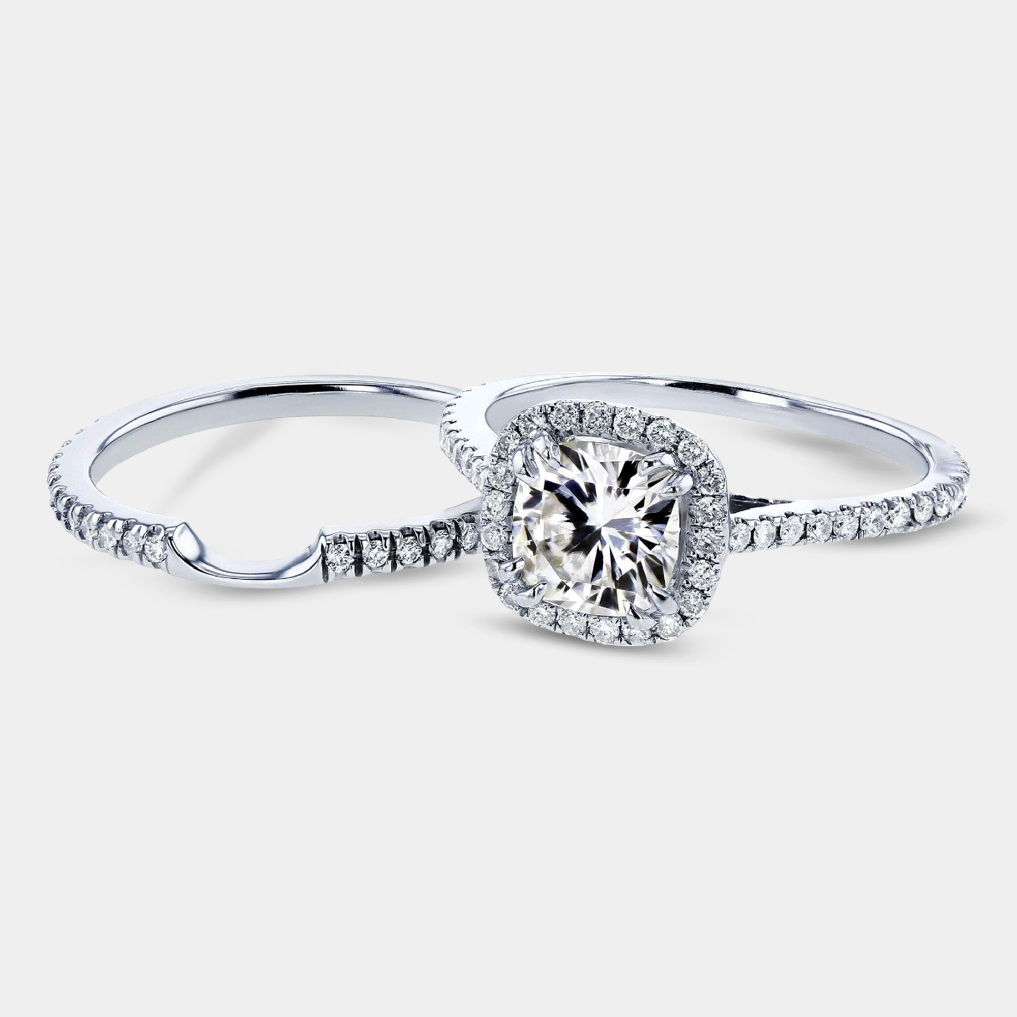 Complete moissanite and diamond halo bridal ring set in 14K gold showing engagement ring and wedding band together MH ELEGANCE