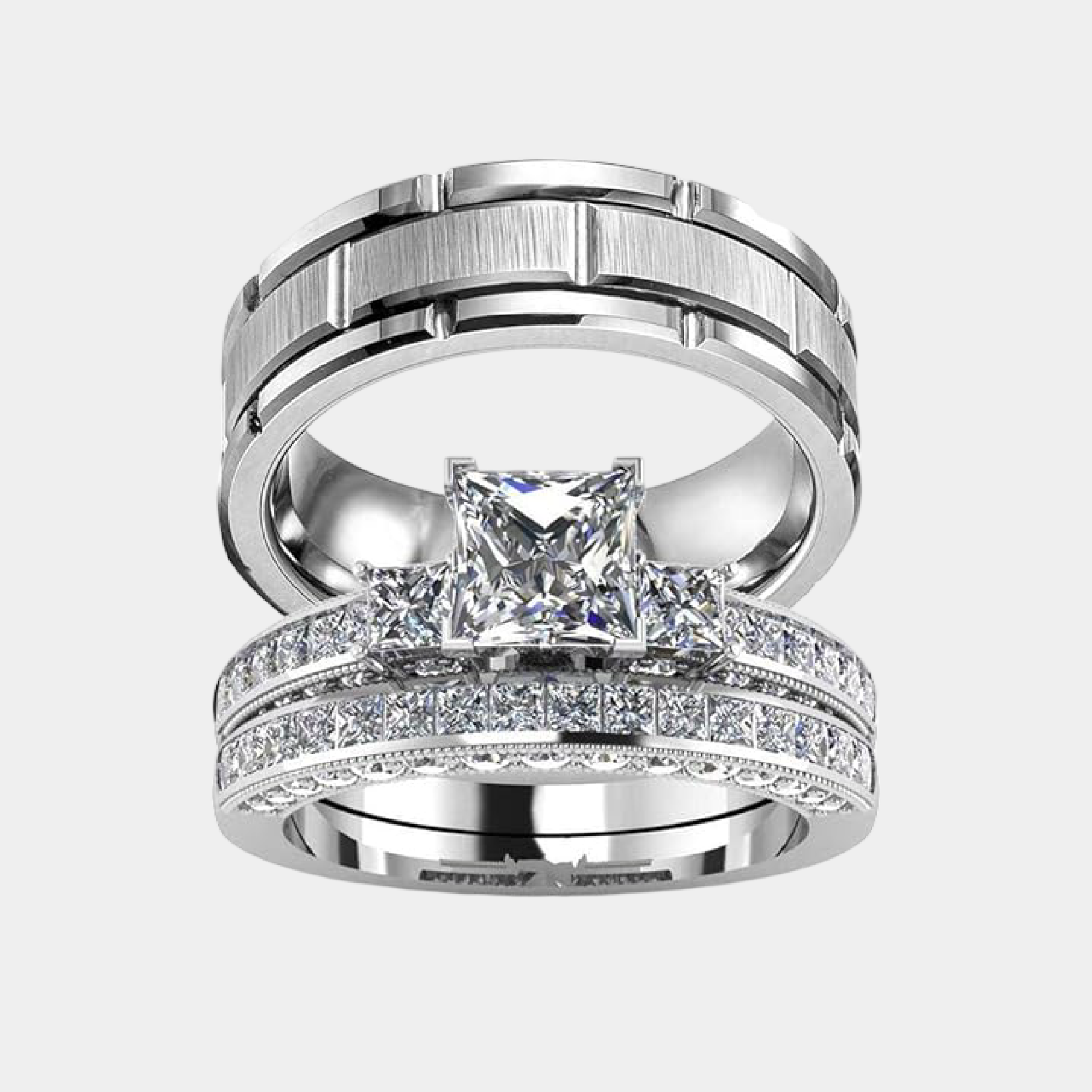 Royal square CZ his and hers wedding ring set in sterling silver and brushed steel full view