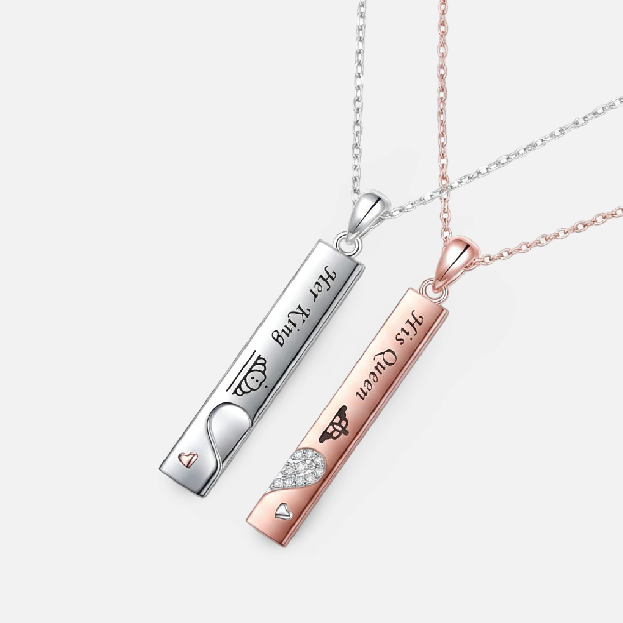Her King His Queen sterling silver bar couple necklace set in gift packaging