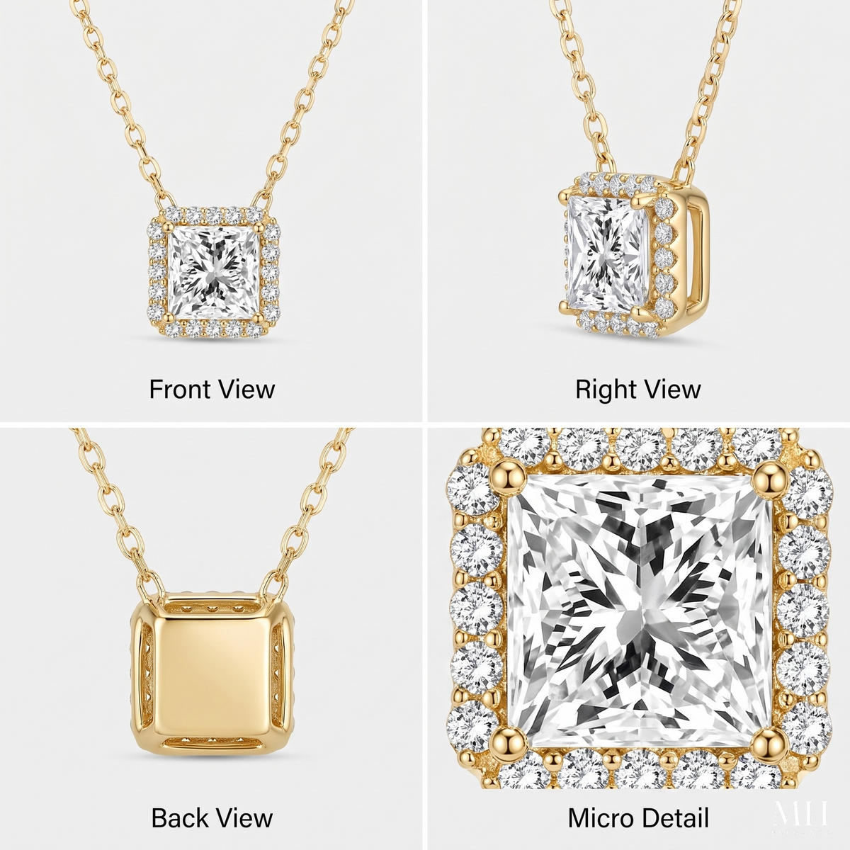 Square Halo CZ Necklace | 14K Gold Diamond Look Pendant for Women