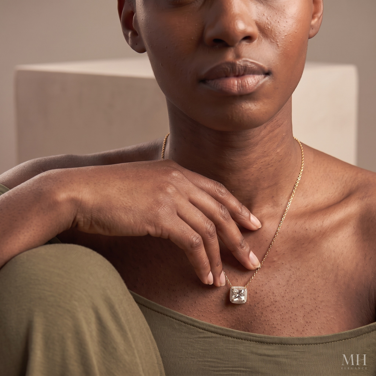 Square Halo CZ Necklace | 14K Gold Diamond Look Pendant for Women