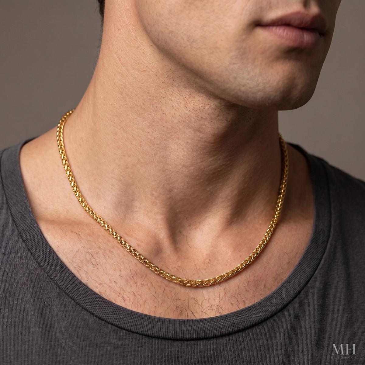 14K Gold Plated Wheat Chain Necklace for Men | 3mm Stainless Steel – MH Elegance