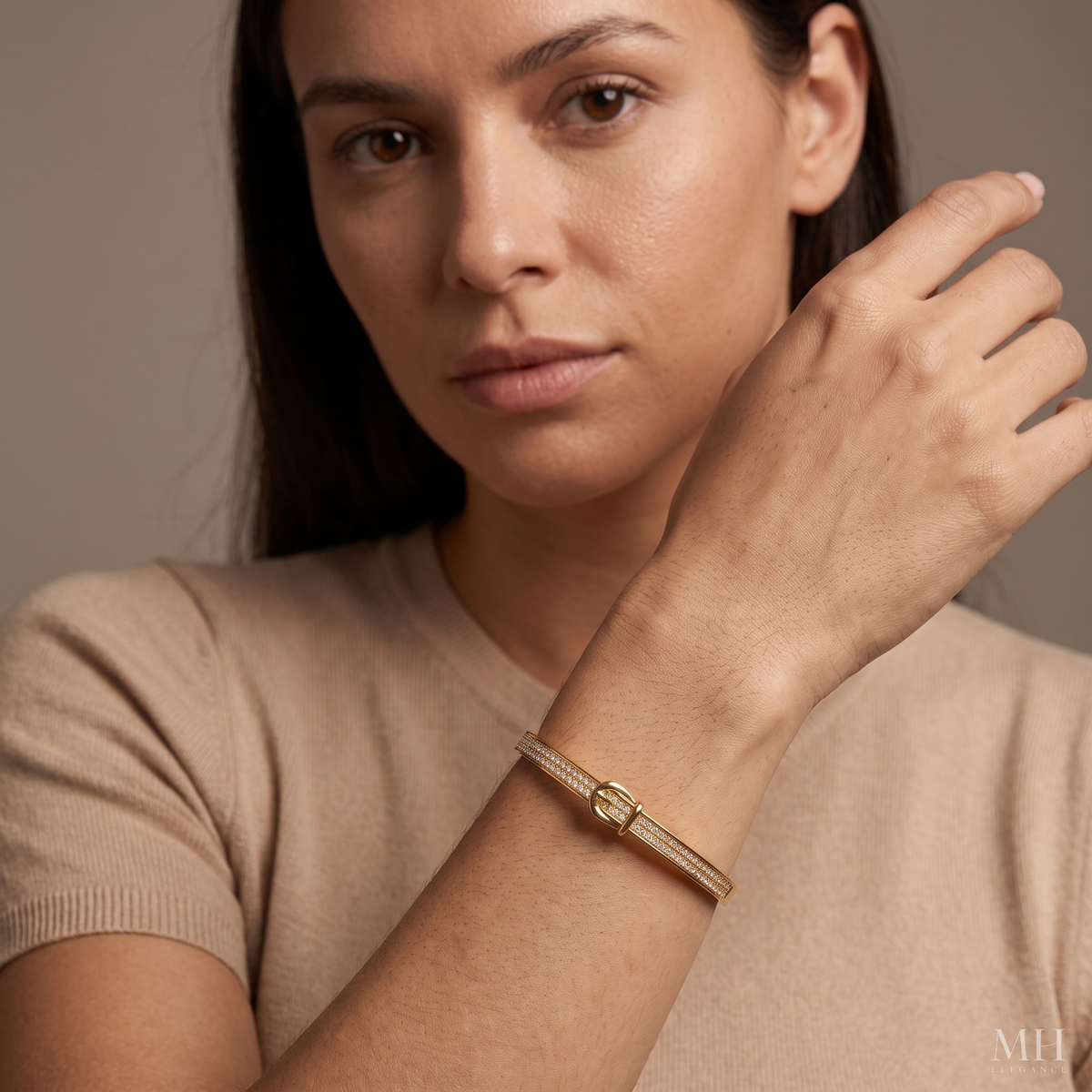 Buckle Bangle Bracelet – 18K Gold CZ Cuff Bangle for Women | MH Elegance