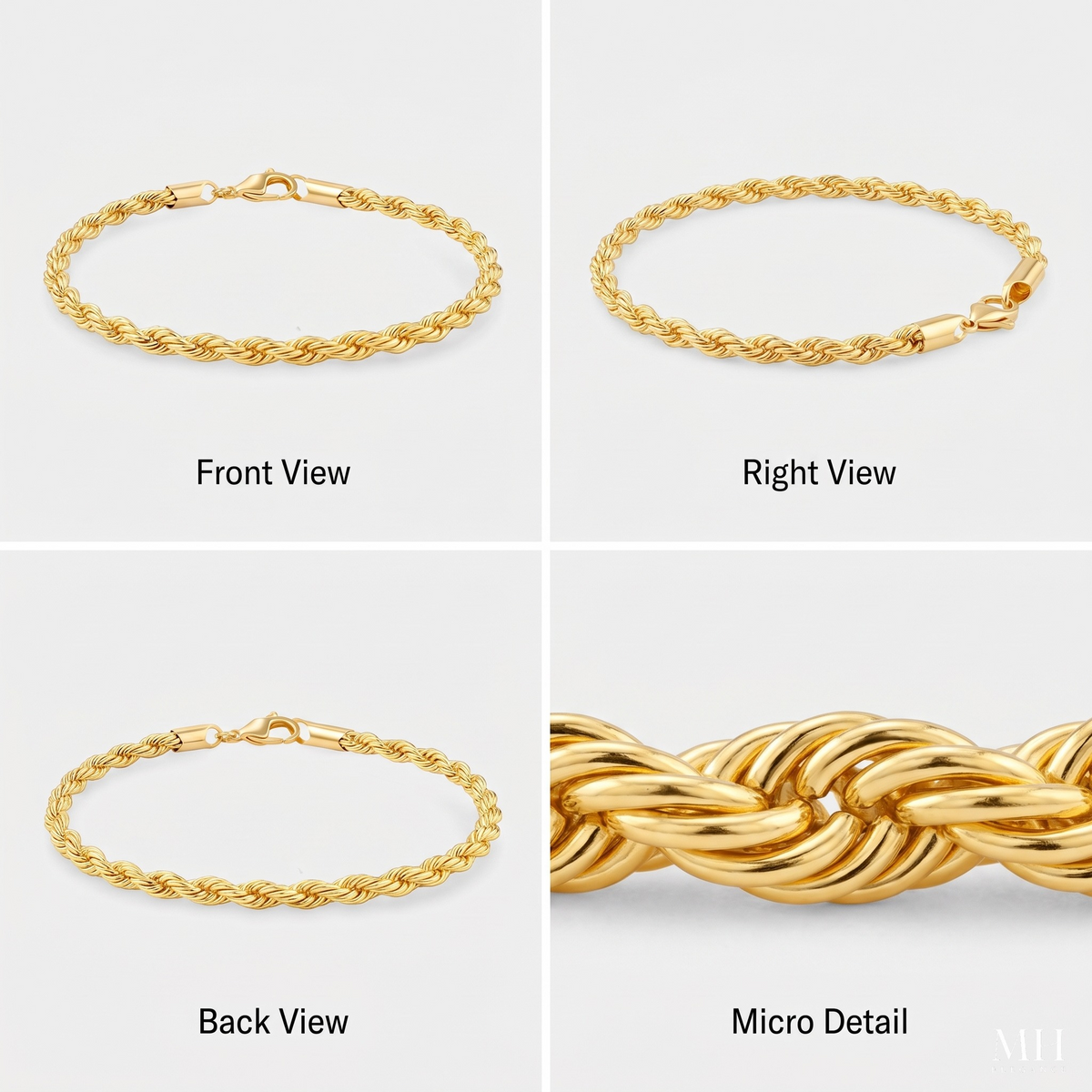 Pulsera de cadena de cuerda trenzada Aurora con baño de oro de 24K
