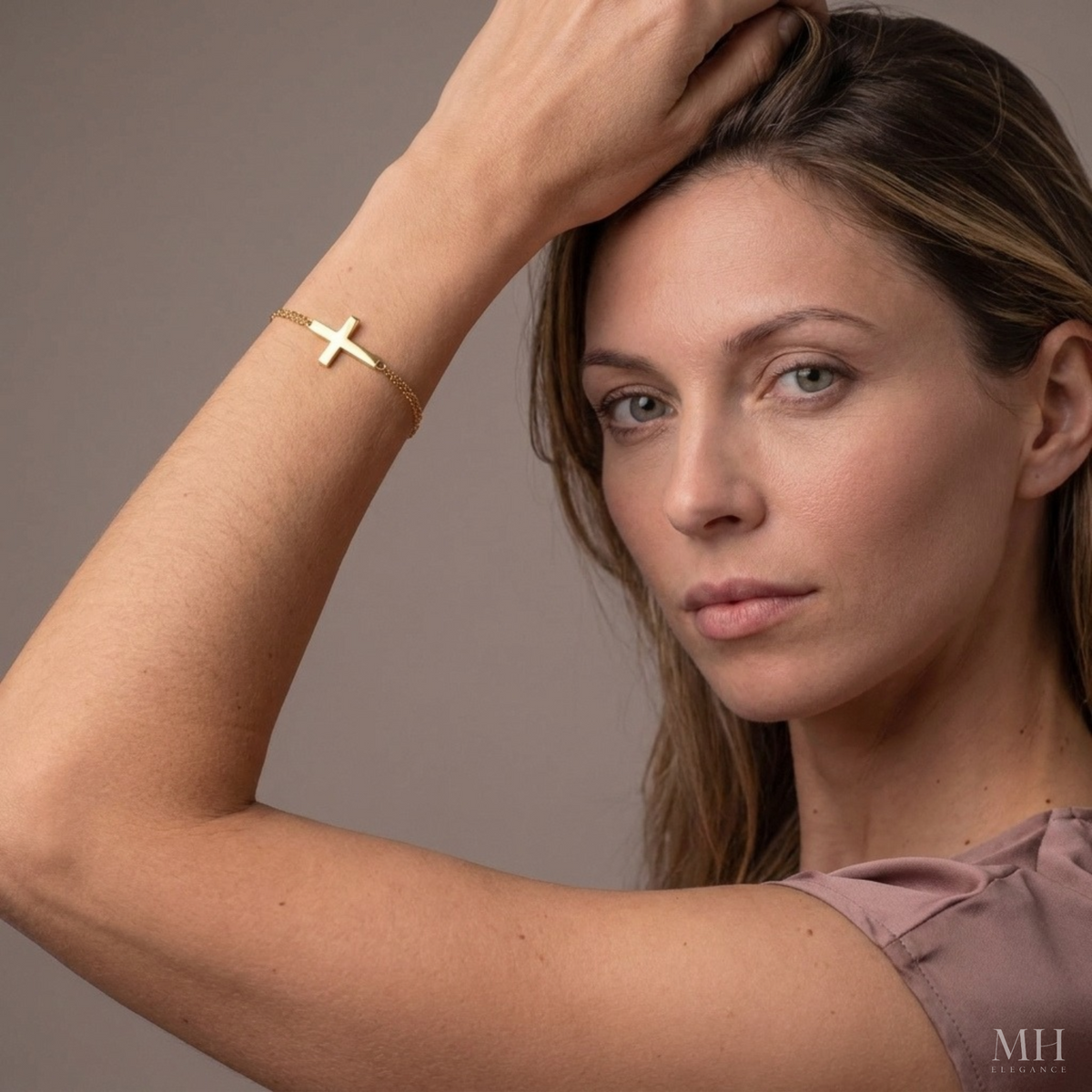 Sideways Cross Bracelet for Women | 14K Gold Double Chain Faith Bracelet